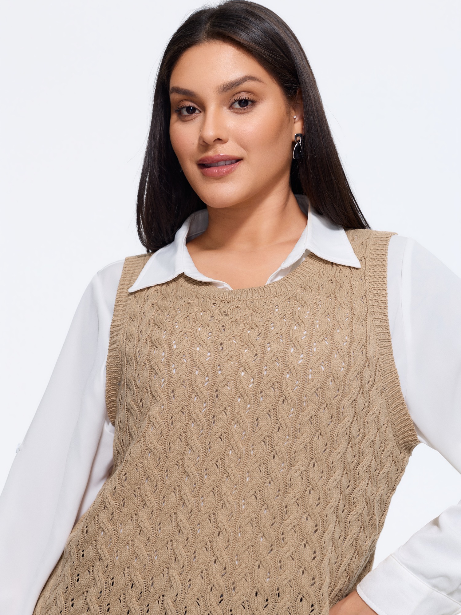 BloomChic Crew Neck Hollow‑Out Cable Knit Sweater Vest Women's Plus Size Women LightBrown Round Neck 10/M