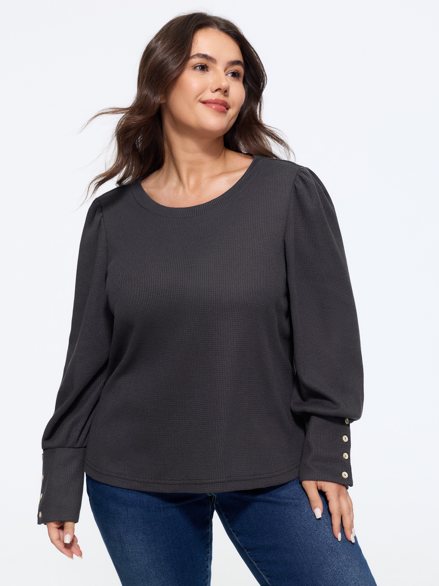 BloomChic Women's Plus Size Crew Neck Button Detail Cuff Waffle Knit T-Shirt DimGray Solid Everyday-Casual Long Sleeve Round Neck 18-20/2X