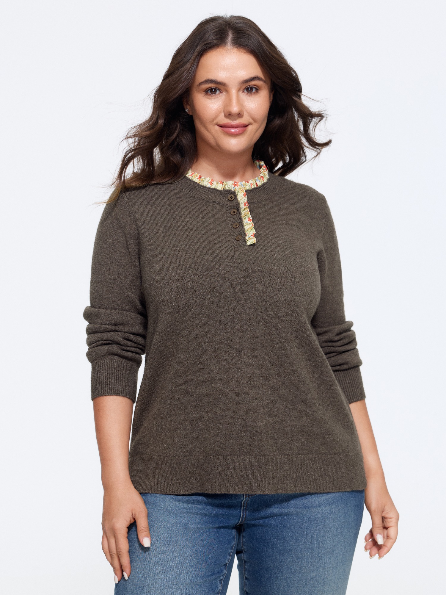 BloomChic Women's Plus Size Supersoft Floral Ruffle Trim Half Button Pullover DarkBrown Long Sleeve Round Neck 10/M