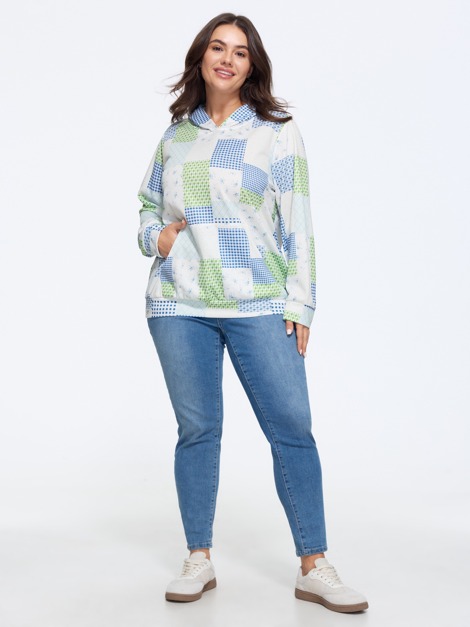 BloomChic Women's Plus Size Supersoft Patchwork Gingham Floral Pattern Hoodie Sweatshirt LightBlue Everyday-Casual Hooded Neck 10/M