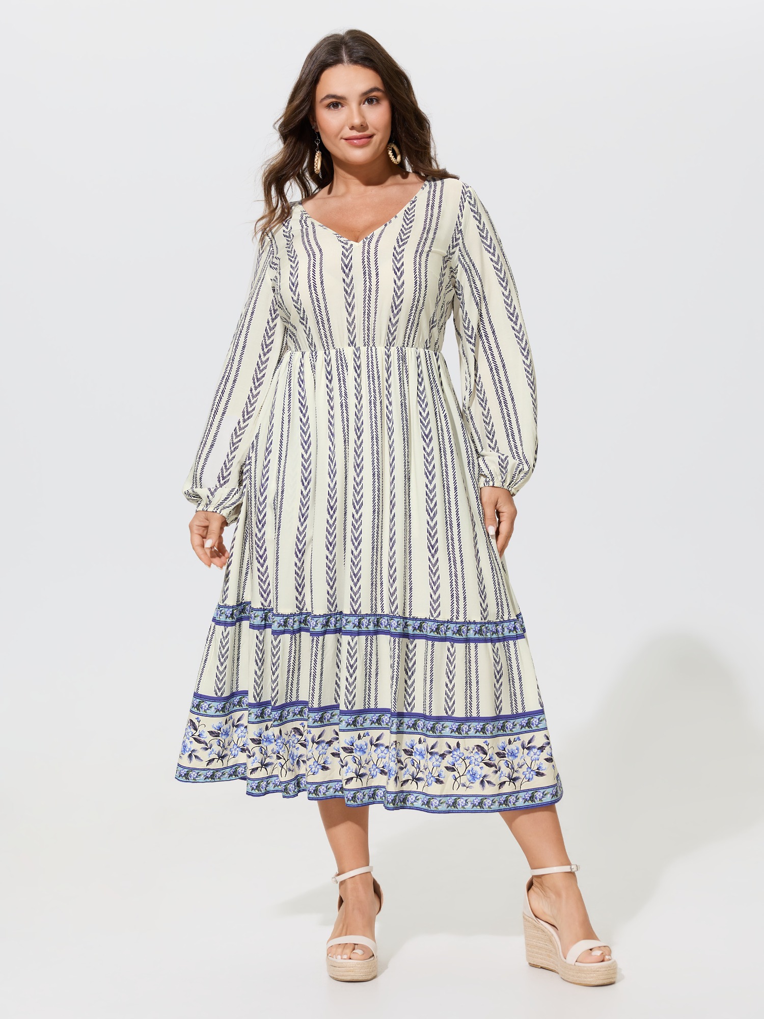 BloomChic Women's Plus Size Supersoft Boho Print Balloon Sleeve Tiered Midi Dress Indigo Stripes Midi Vacation 10/M