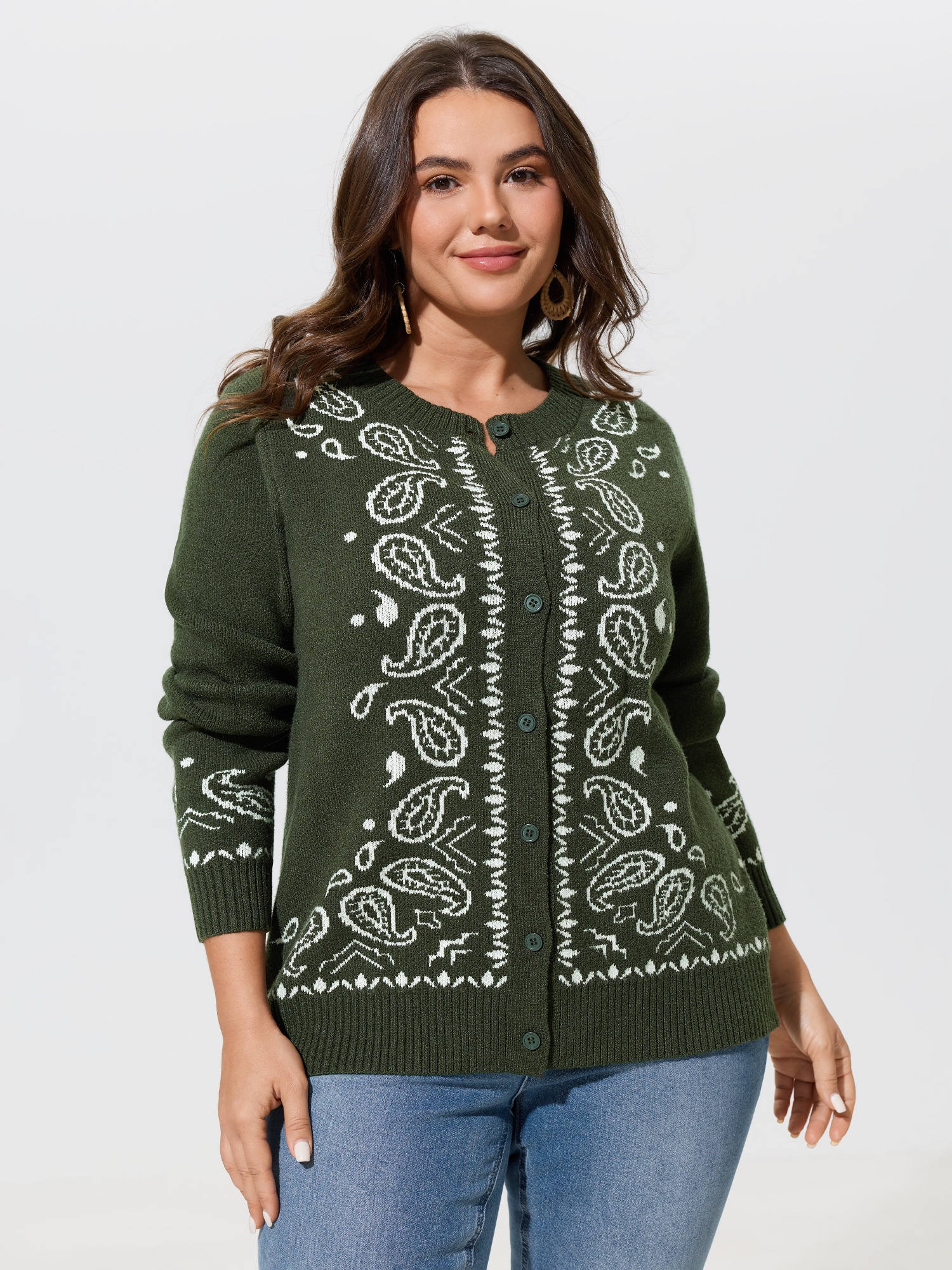 Bloomchic Supersoft Paisley Jacquard Button Down Cardigan In Armygreen