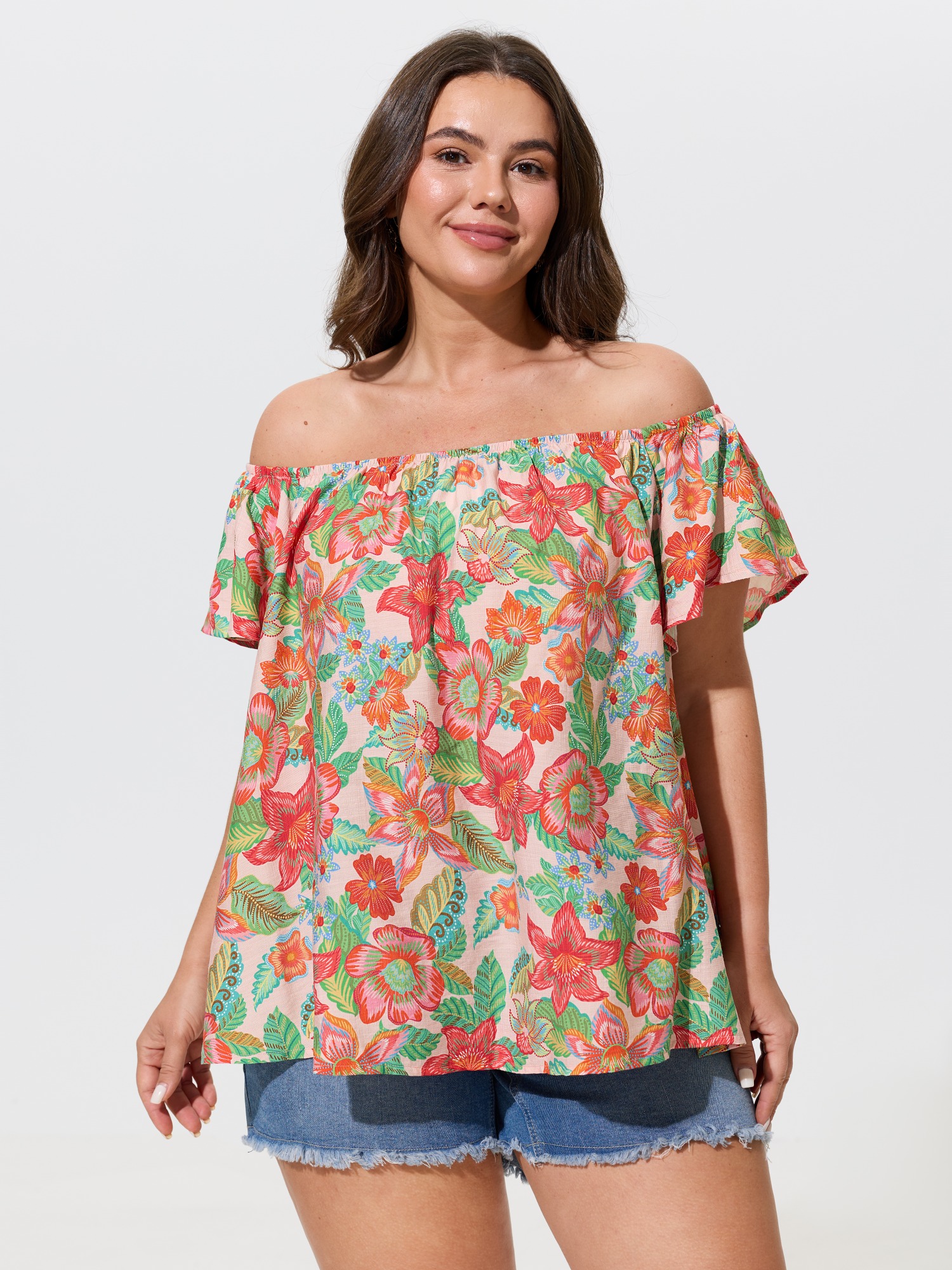 BloomChic Women's Plus Size Floral Print Off‑Shoulder Ruffle Blouse Multicolor Tropical Vacation Short sleeve Off-Shoulder 10/M