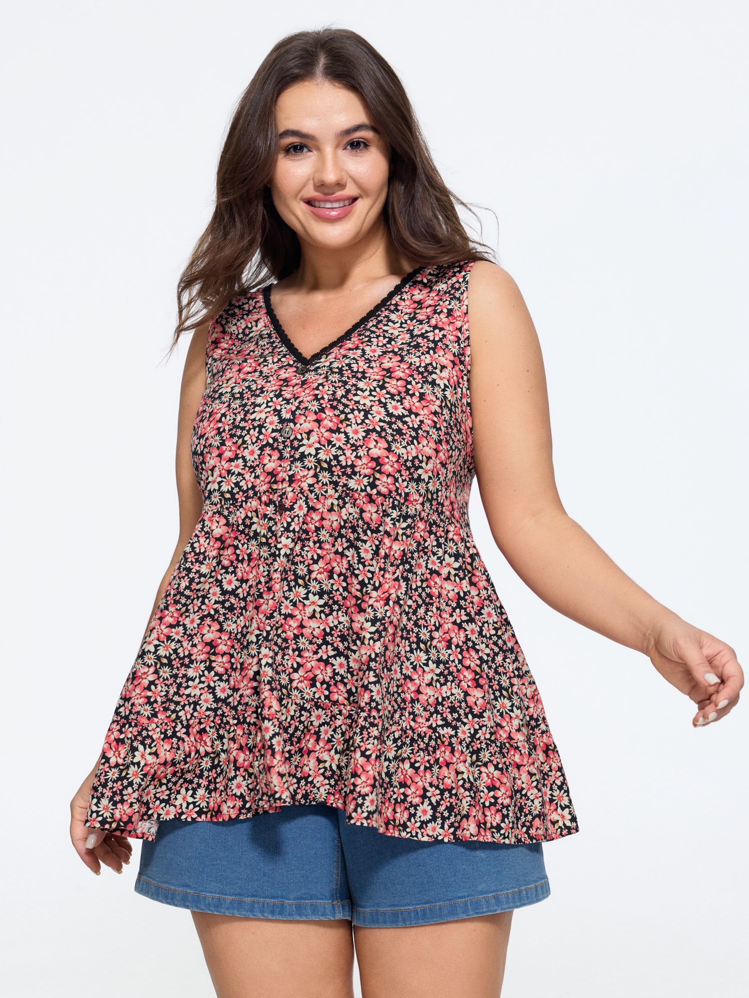 BloomChic Women's Plus Size Supersoft Ditsy Floral Print Lace Trim Tank Top Crimson Everyday-Casual A-line V-Neck 10/M