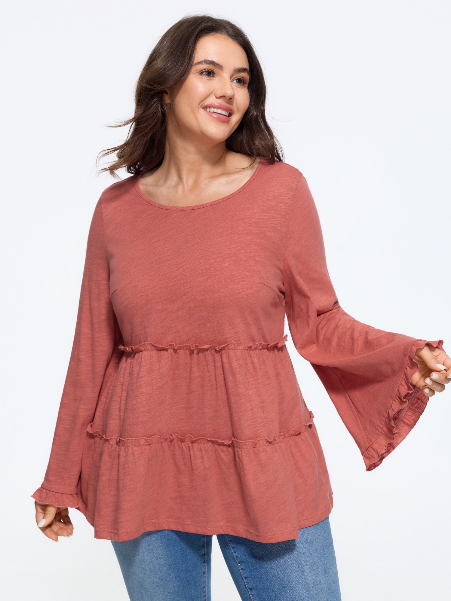 BloomChic Women's Plus Size Cotton Bell Long Sleeve Tiered Ruffle Top Autumn Glaze Long Sleeve Everyday-Casual Round Neck 12/L