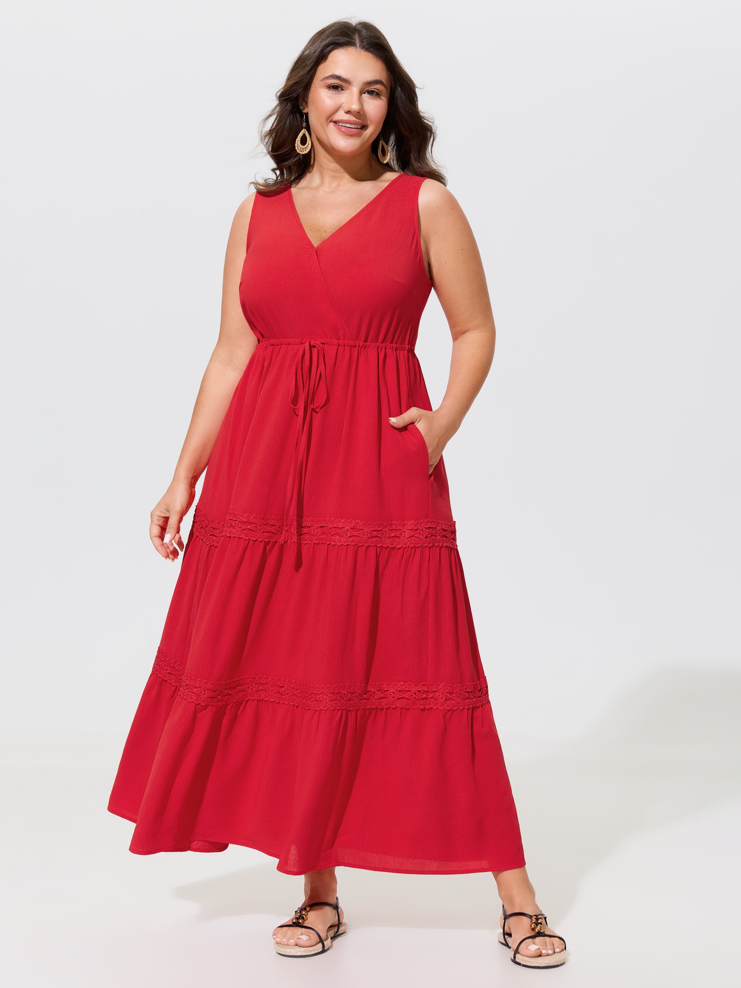 BloomChic Women's Plus Size Wrap Neck Drawstring Waist Lace Trim Tiered Maxi Dress Brightred Solid Maxi Vacation Patchwork 14-16/1X