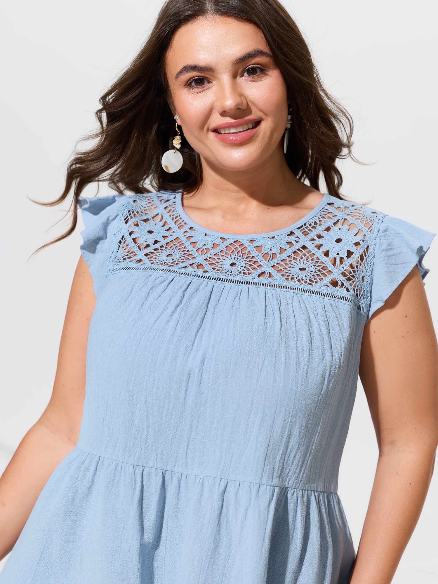 BloomChic Women's Plus Size Textured Lace Hollow‑Out Flutter Sleeve Blouse LightBlue Solid Vacation Cap Sleeve Round Neck 10/M
