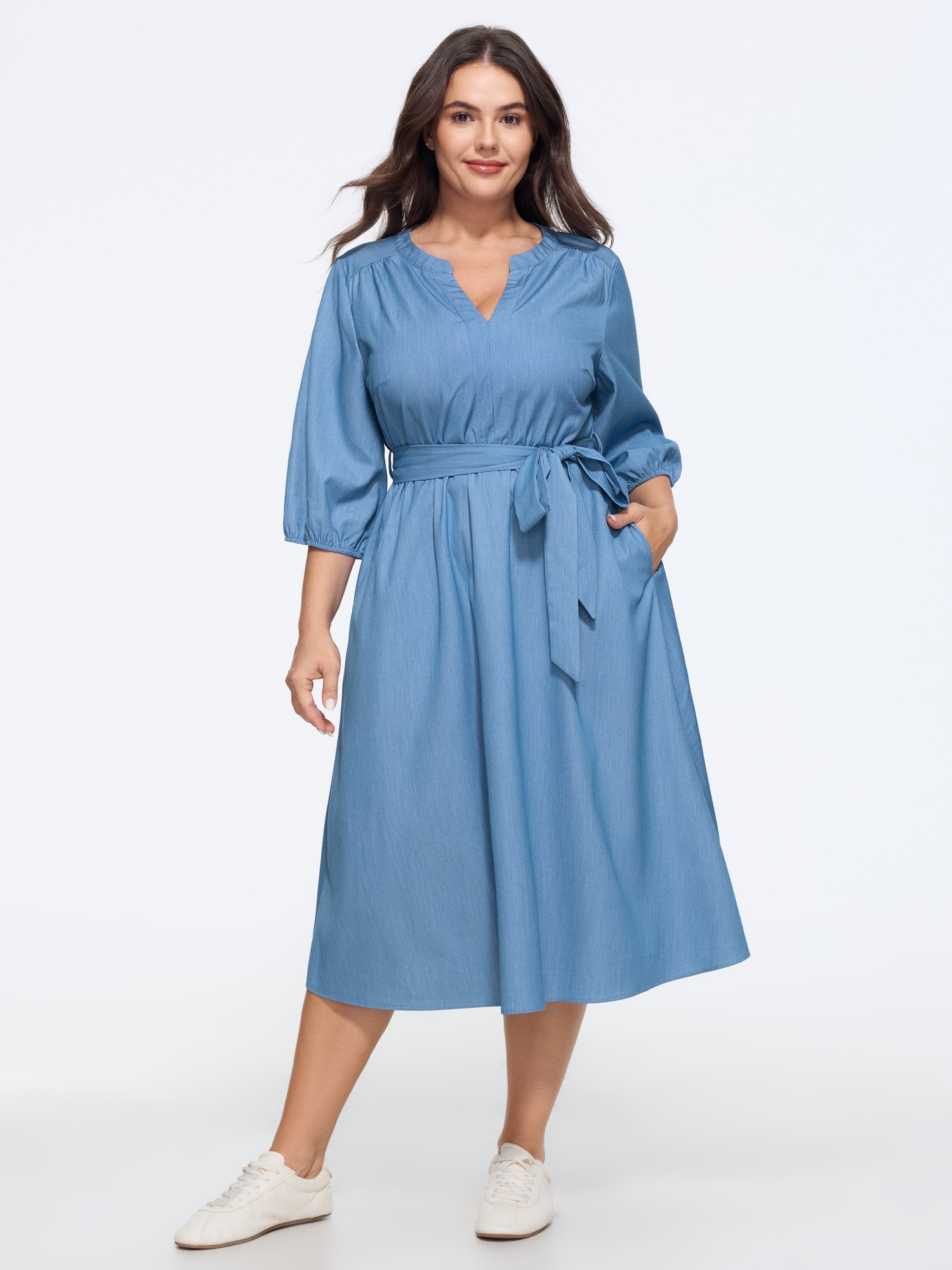 BloomChic Women's Plus Size Supersoft Notched Collar Tie Waist Faux Denim Midi Dress Denimblue Solid Midi Casual Lace-Up 26/4X