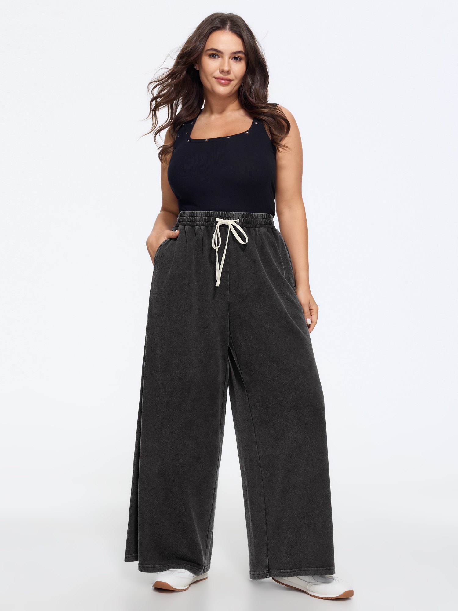BloomChic Women's Plus Size Vintage Washed Stretch Wide Leg Pants Black Solid Wide leg Mid Rise Everyday-Casual 22-24/3X