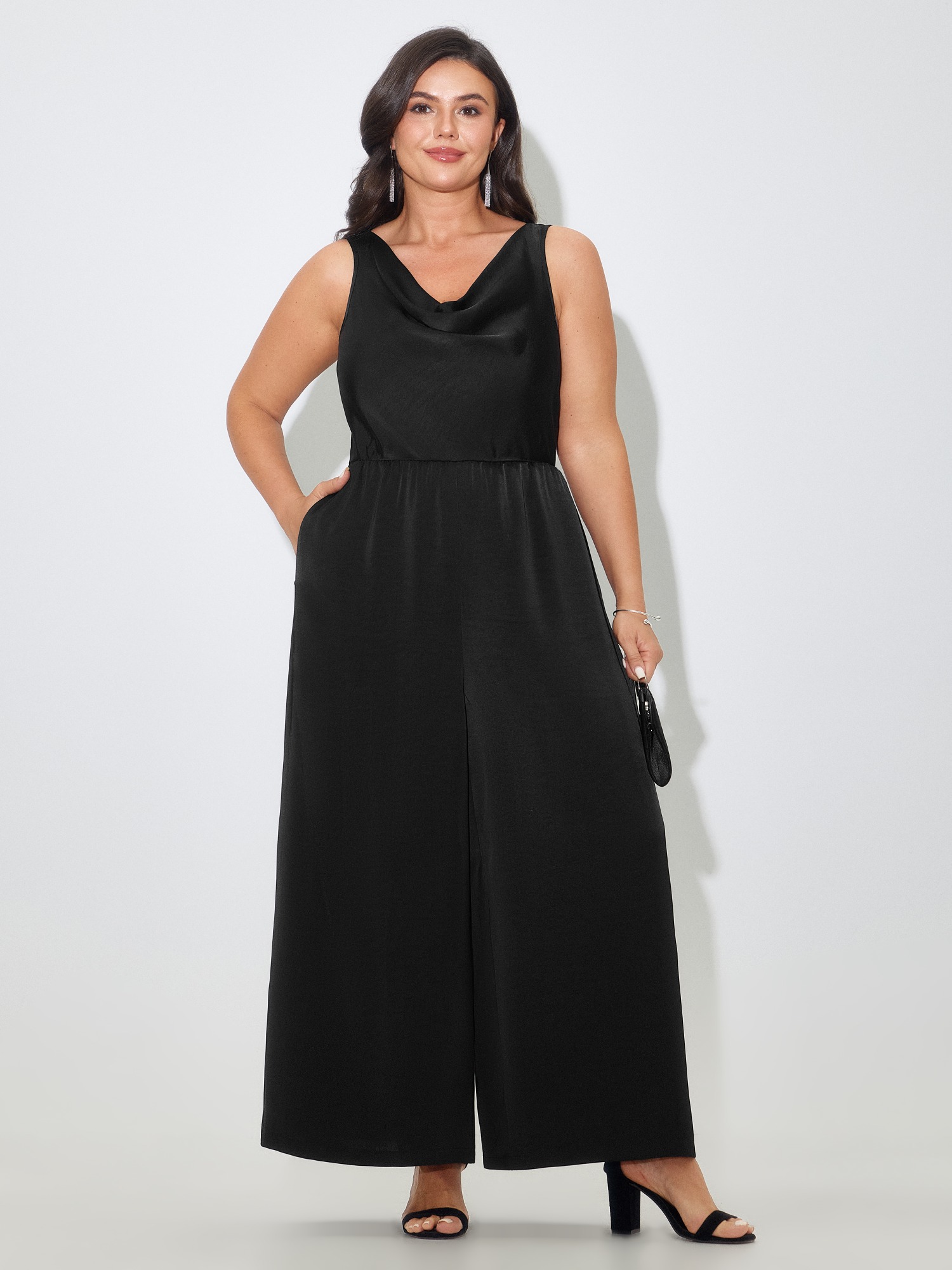 BloomChic Women's Plus Size Satin Cowl Neck Pocket Sleeveless Jumpsuit Black Occasion 18-20/2X