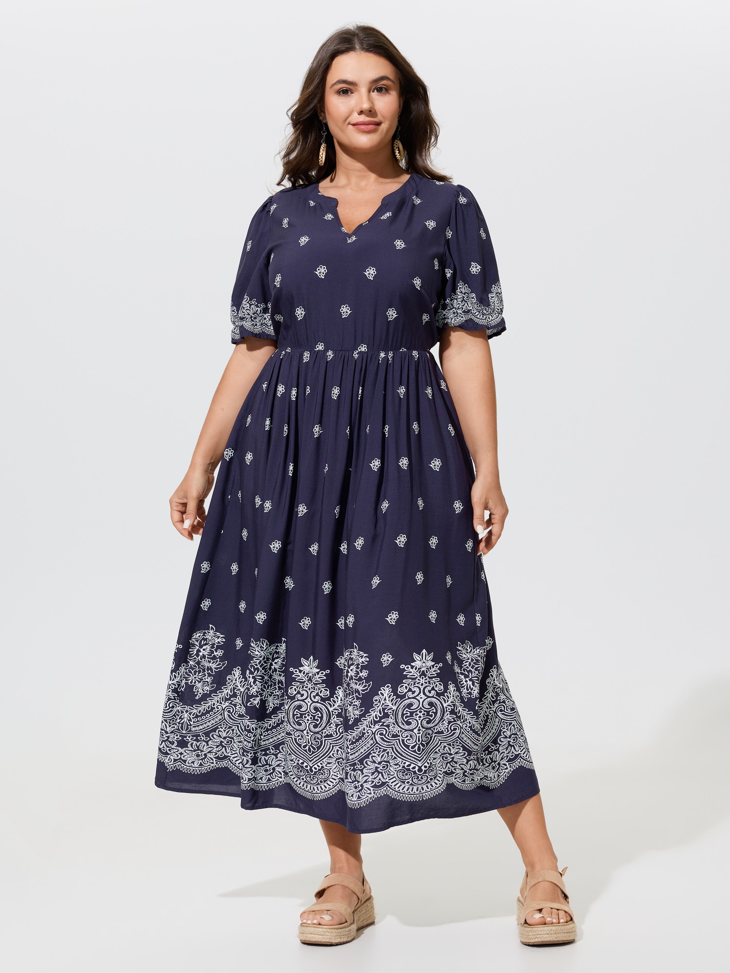 Bloomchic Supersoft Boho Print Elastic Waist Flowy Midi Dress In Indigo