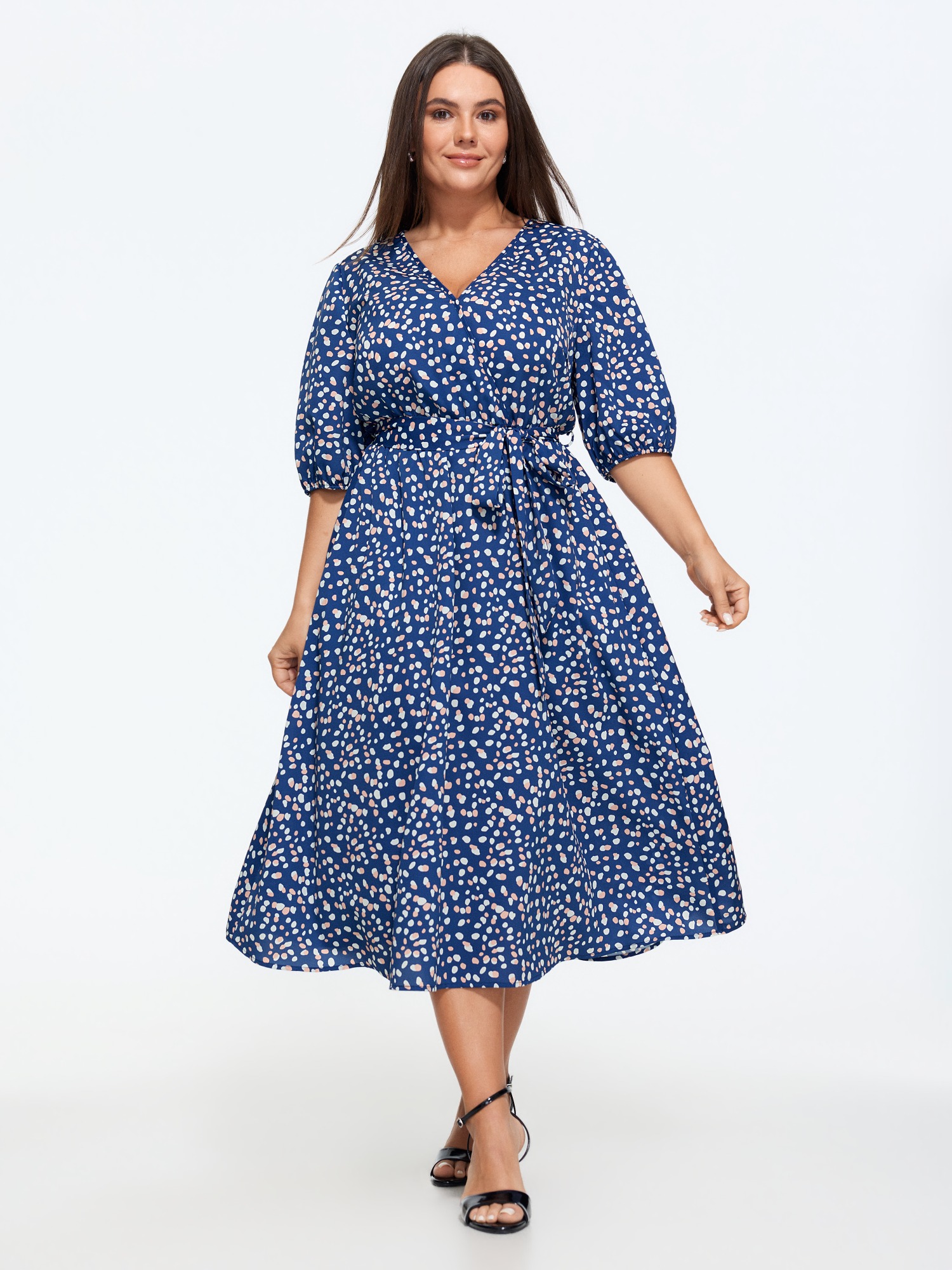 Bloomchic Spot Print Waist Tie Midi Dress In Ocean