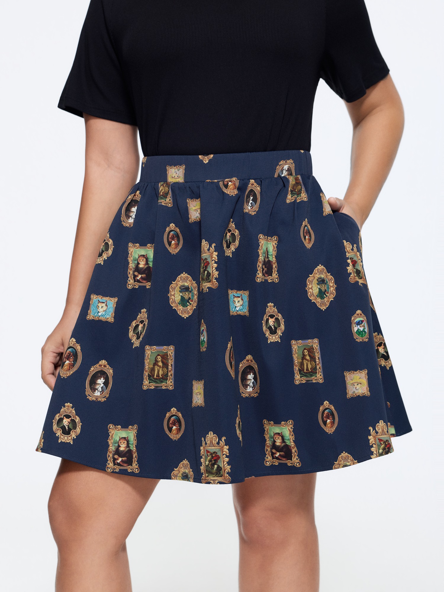 BloomChic Women's Plus Size Retro Cat Frame Print Pockets Skirt DarkBlue Non Flared Everyday-Elegant 10/M
