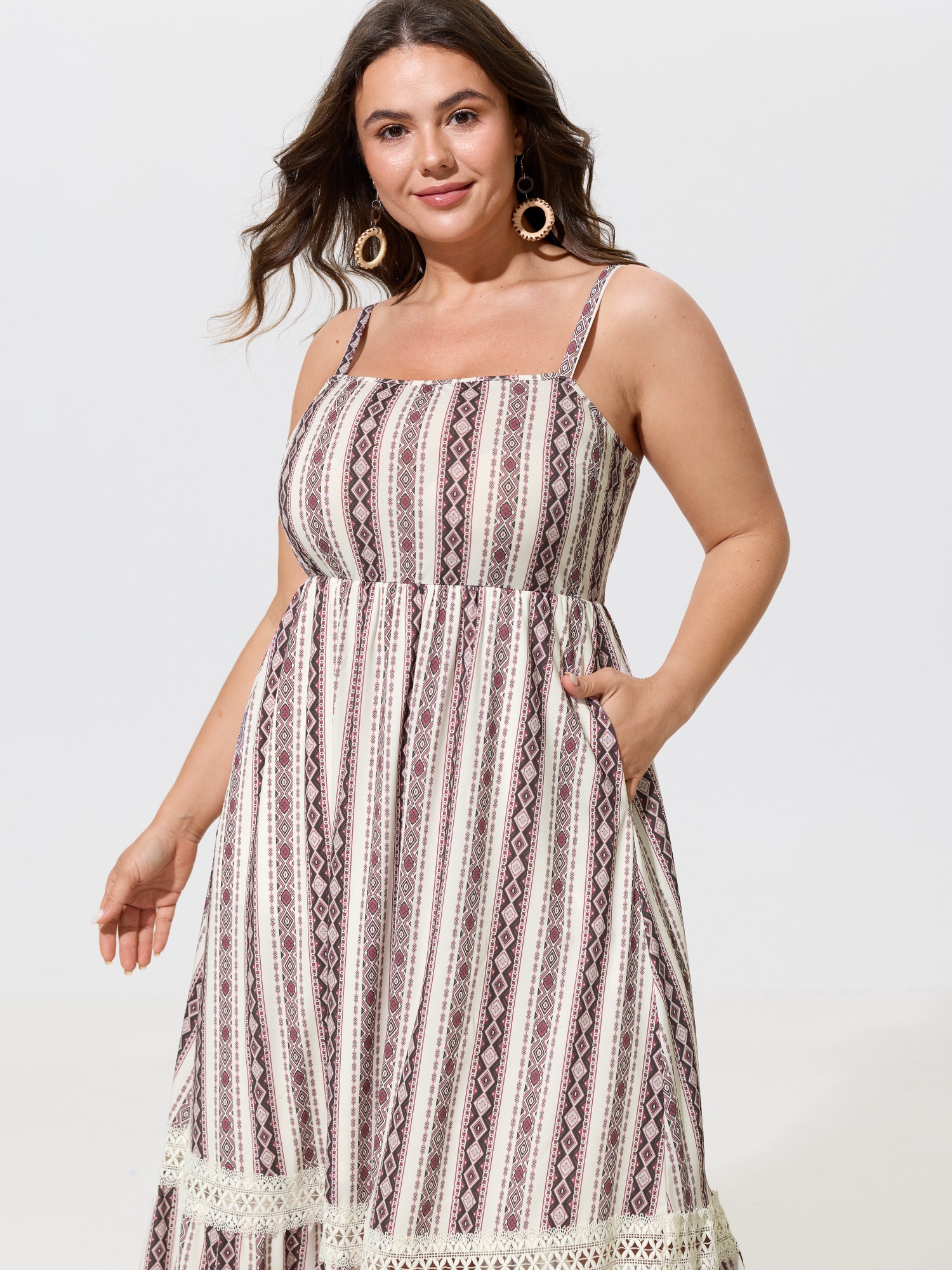 BloomChic Women's Plus Size Boho Geometric Print Lace Hem Pocket Midi Dress Multicolor Vacation Maxi Colorblock Square Neck 10/M
