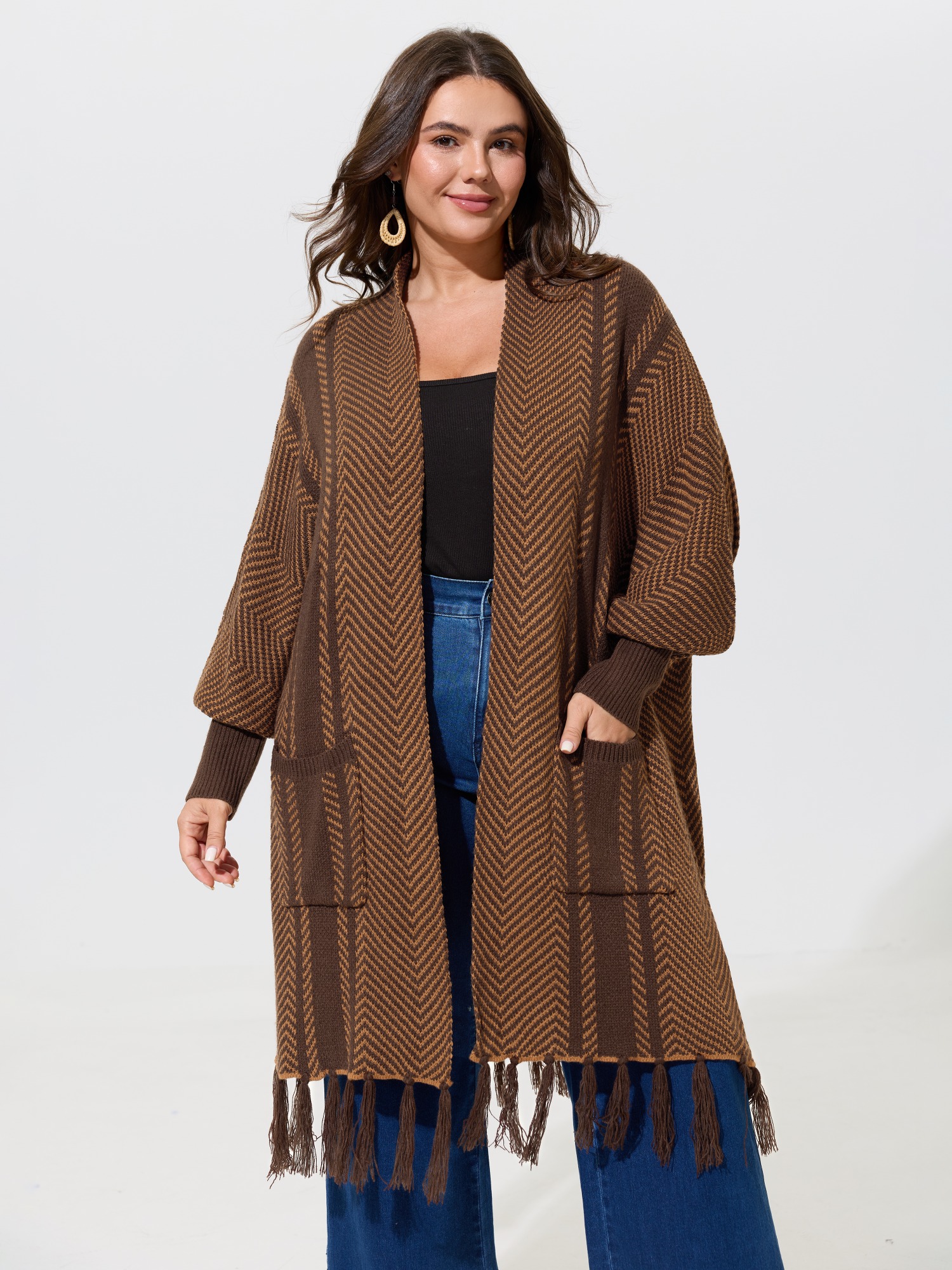 Bloomchic Chevron Striped Open Front Tassel Hem Cardigan In Tan