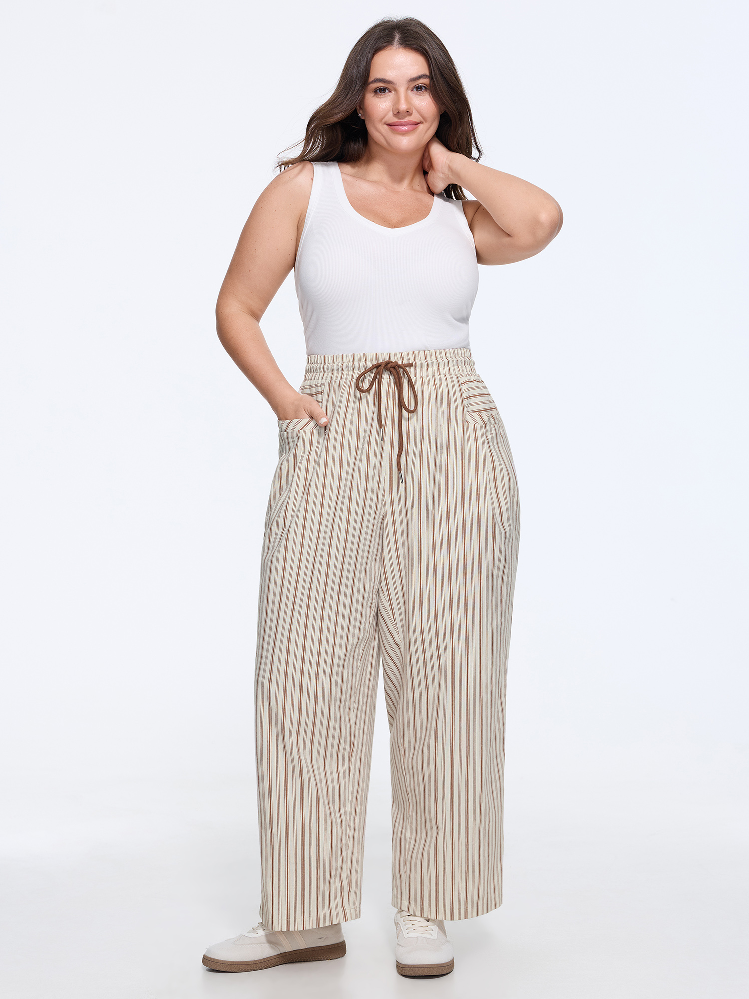 BloomChic Women's Plus Size Vertical Stripe Drawstring Elastic Waist Pocket Pants Rust Stripes Barrel Mid Rise Everyday-Casual 10/M