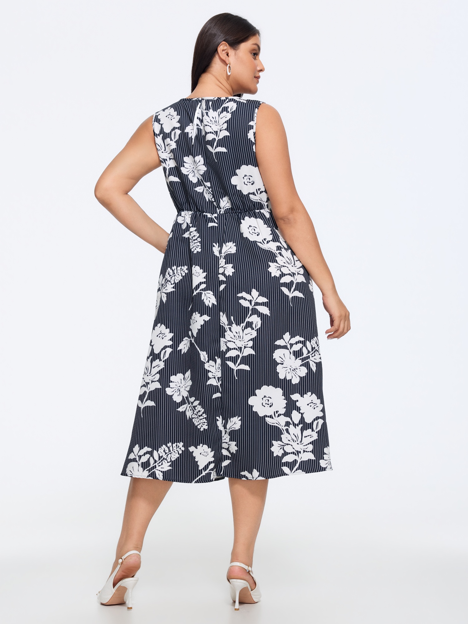 BloomChic Women's Plus Size Striped Floral Print Notched Collar Midi Dress Indigo Stripes Midi Office 12/L