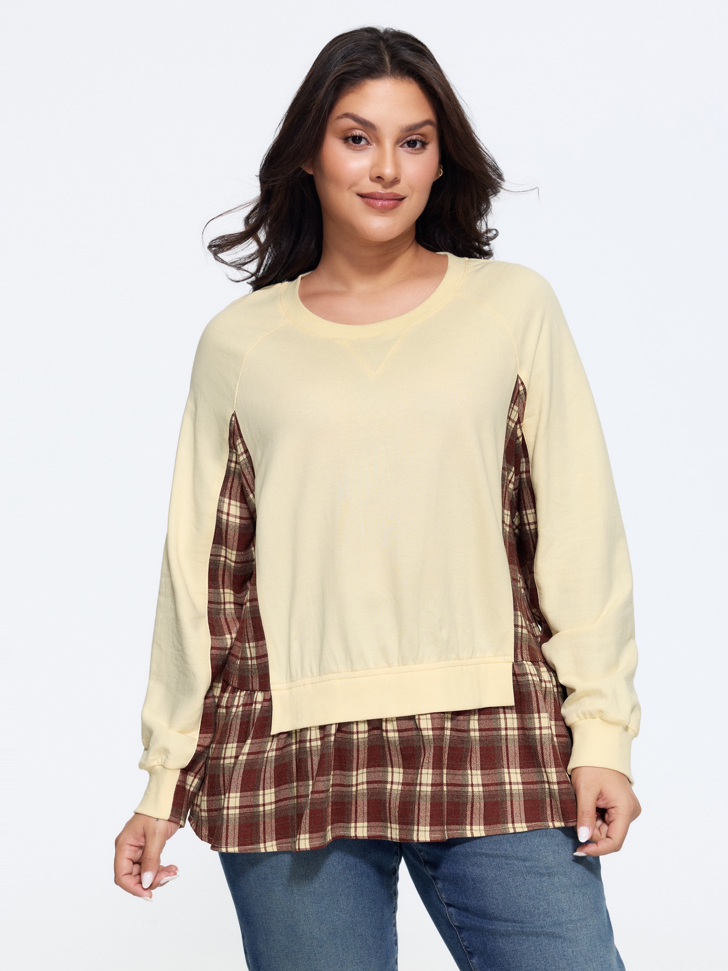 BloomChic Women's Plus Size Cotton Color-Block Plaid Peplum Hem Sweatshirt Ivory Everyday-Casual Round Neck 10/M
