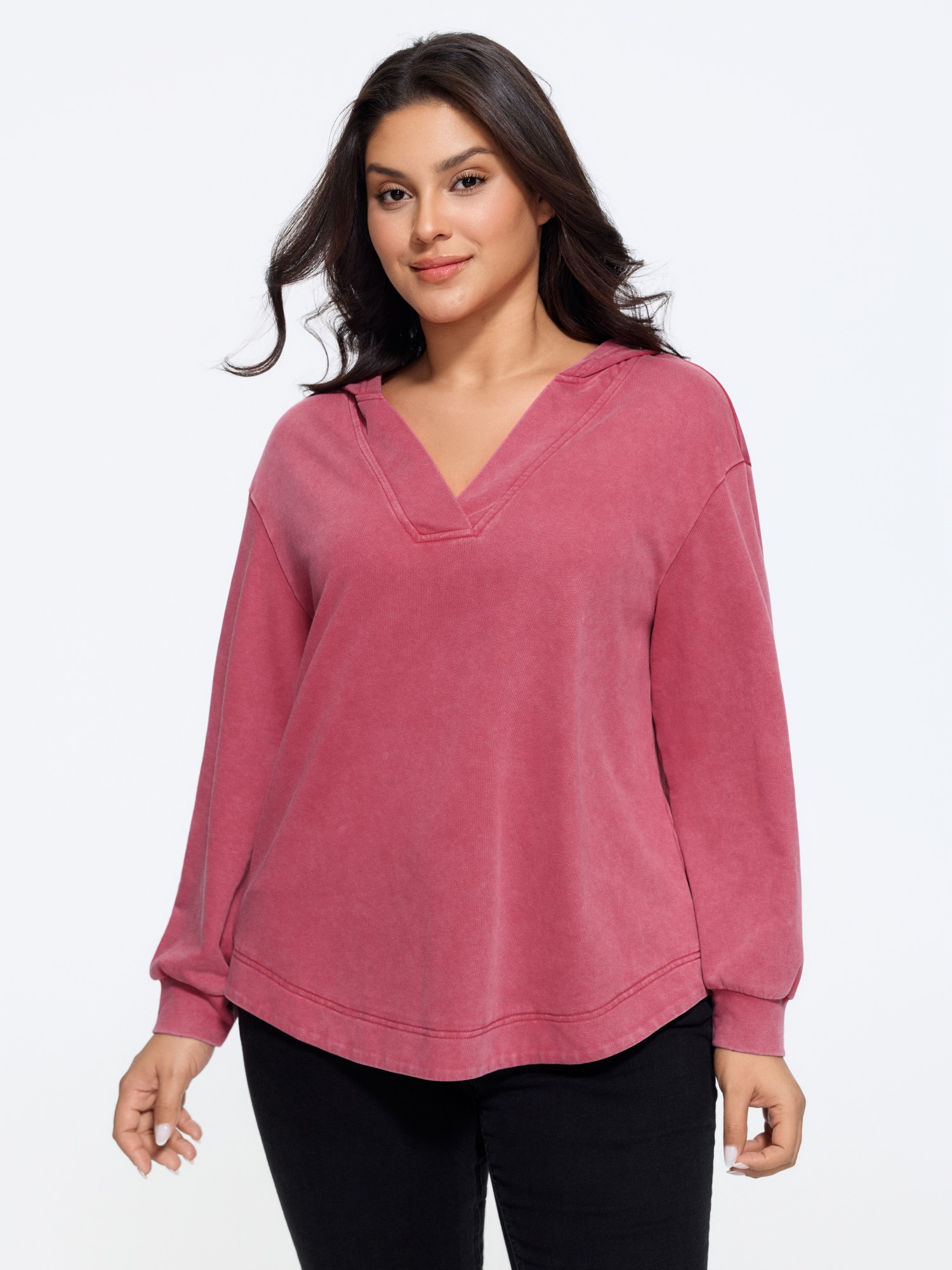 BloomChic Women's Plus Size Vintage Washed V-Neck Curved Hem Hoodie Raspberry Everyday-Casual Hooded Neck 18-20/2X