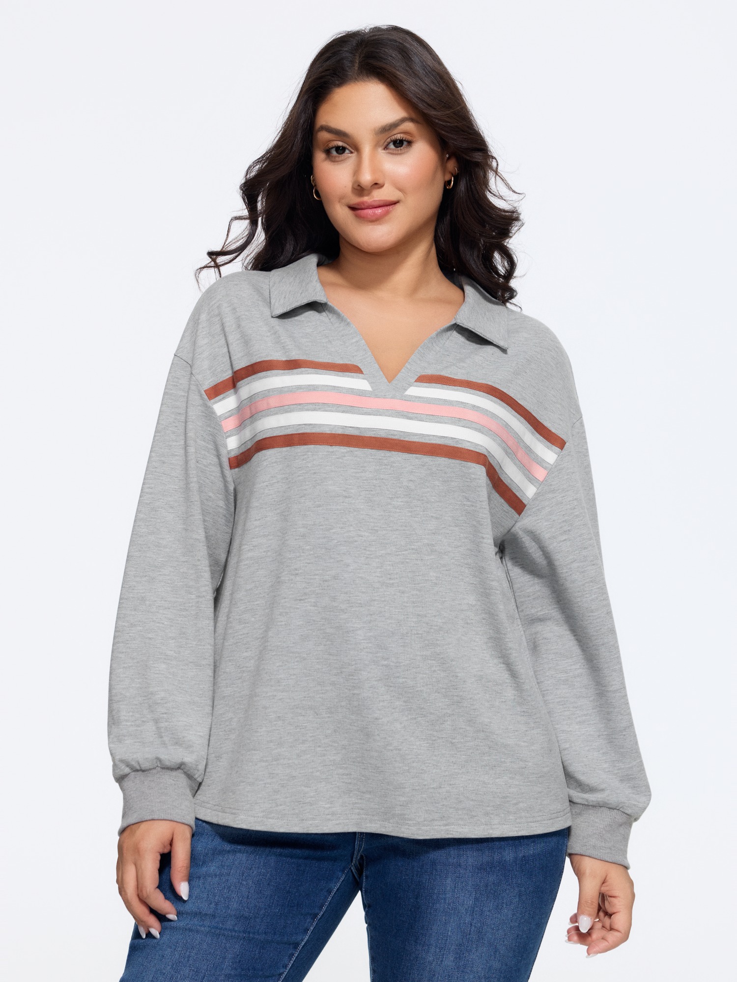 BloomChic Women's Plus Size Cotton Colorful Stripe Chest Detail Relaxed Fit Sweatshirt Mediumgray Everyday-Casual Collared Neck 10/M