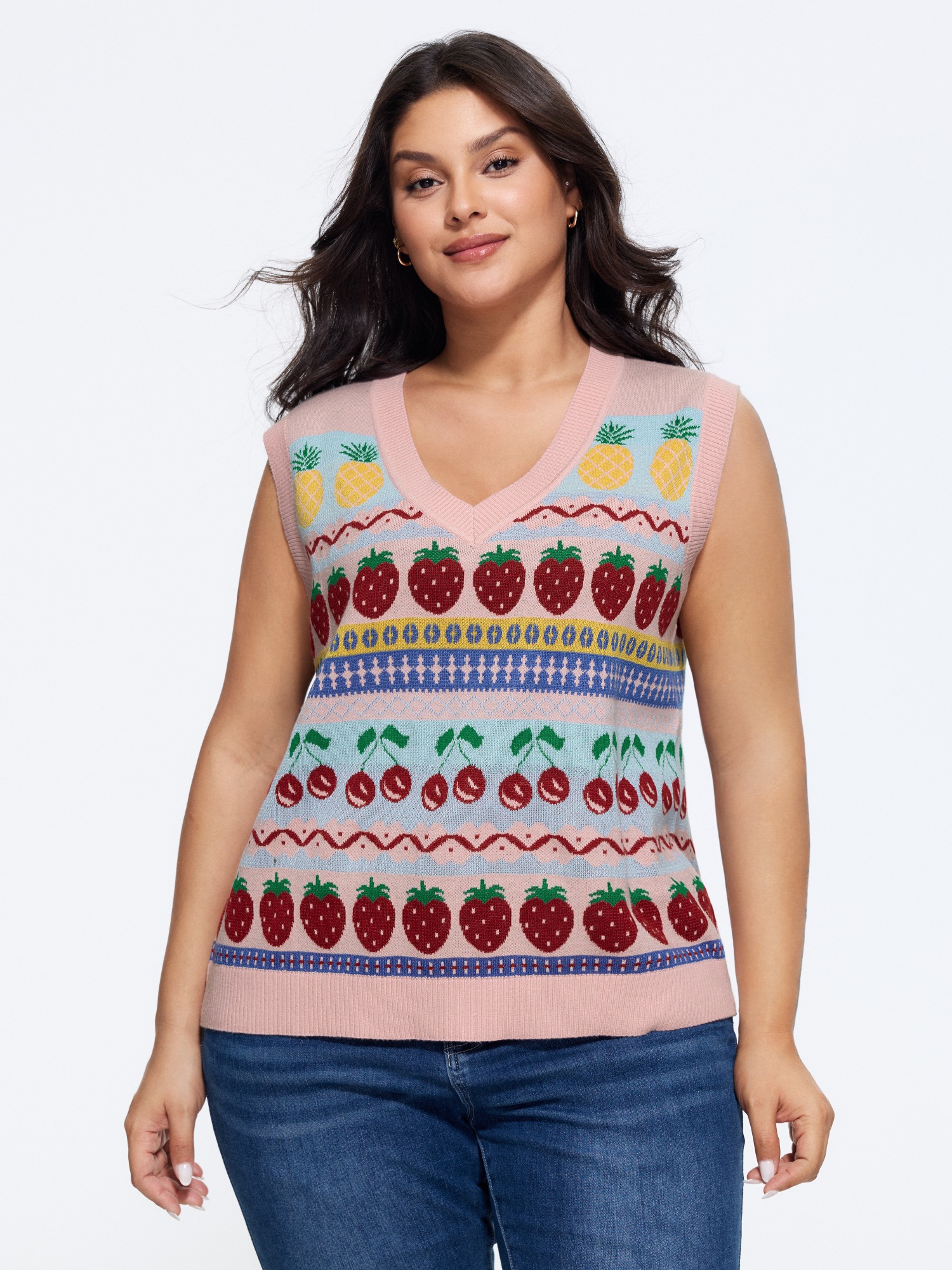 BloomChic Supersoft V‑Neck Fruit Jacquard Pattern Sweater Vest Women's Plus Size Women Blush V-Neck 10/M