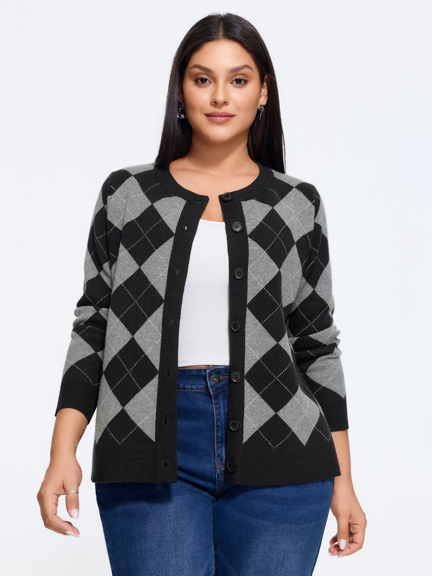BloomChic Women's Plus Size Supersoft Round Neck Argyle Button‑Down Cardigan DarkGray Long Sleeve Round Neck 10/M