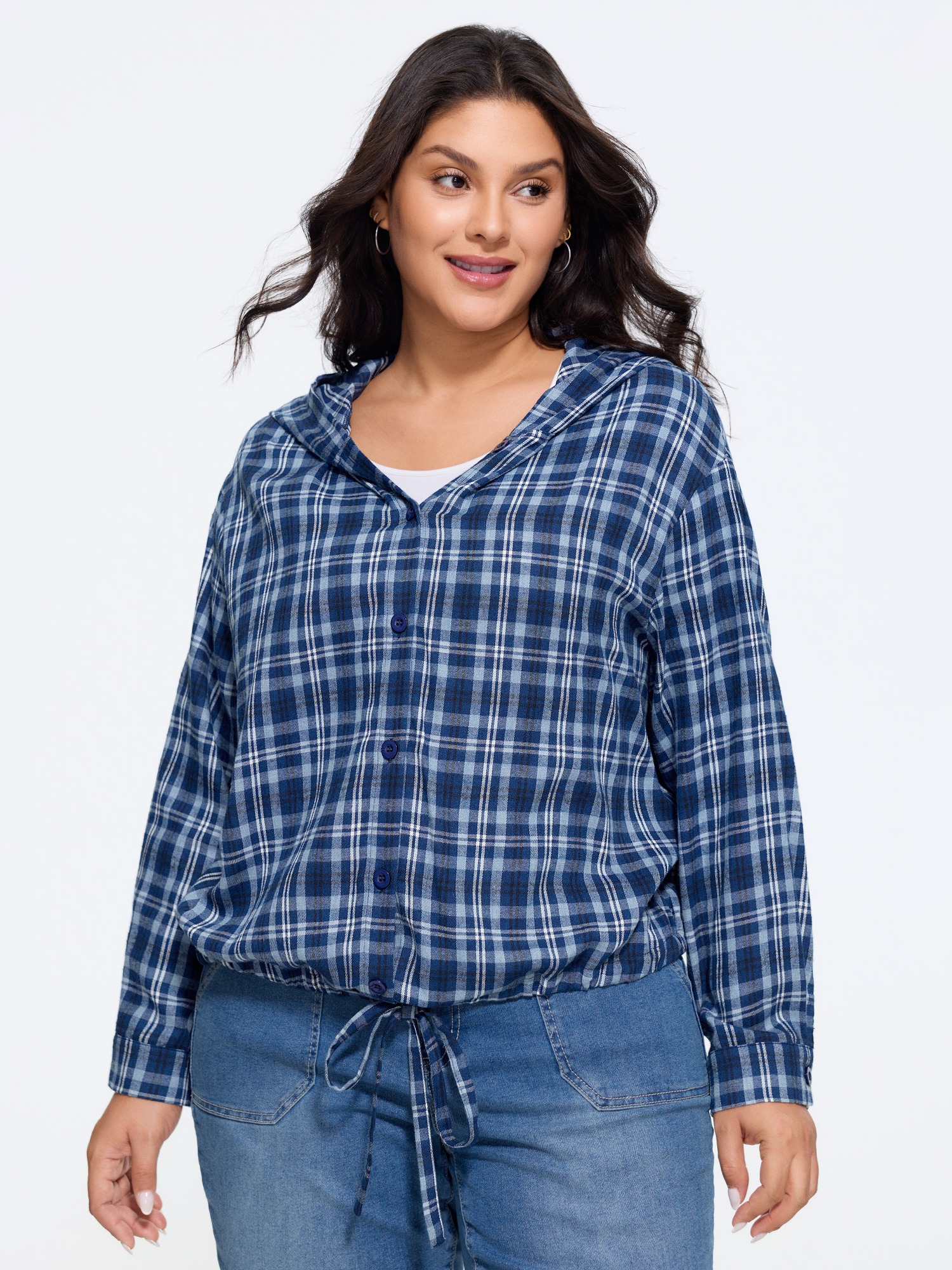 BloomChic Plus Size Cotton Plaid Drawstring Hem Hooded Jacket - Curve Women's Winterwear- DarkBlue Comfort Midsection Fit cropped Cocoon Jackets 14/M