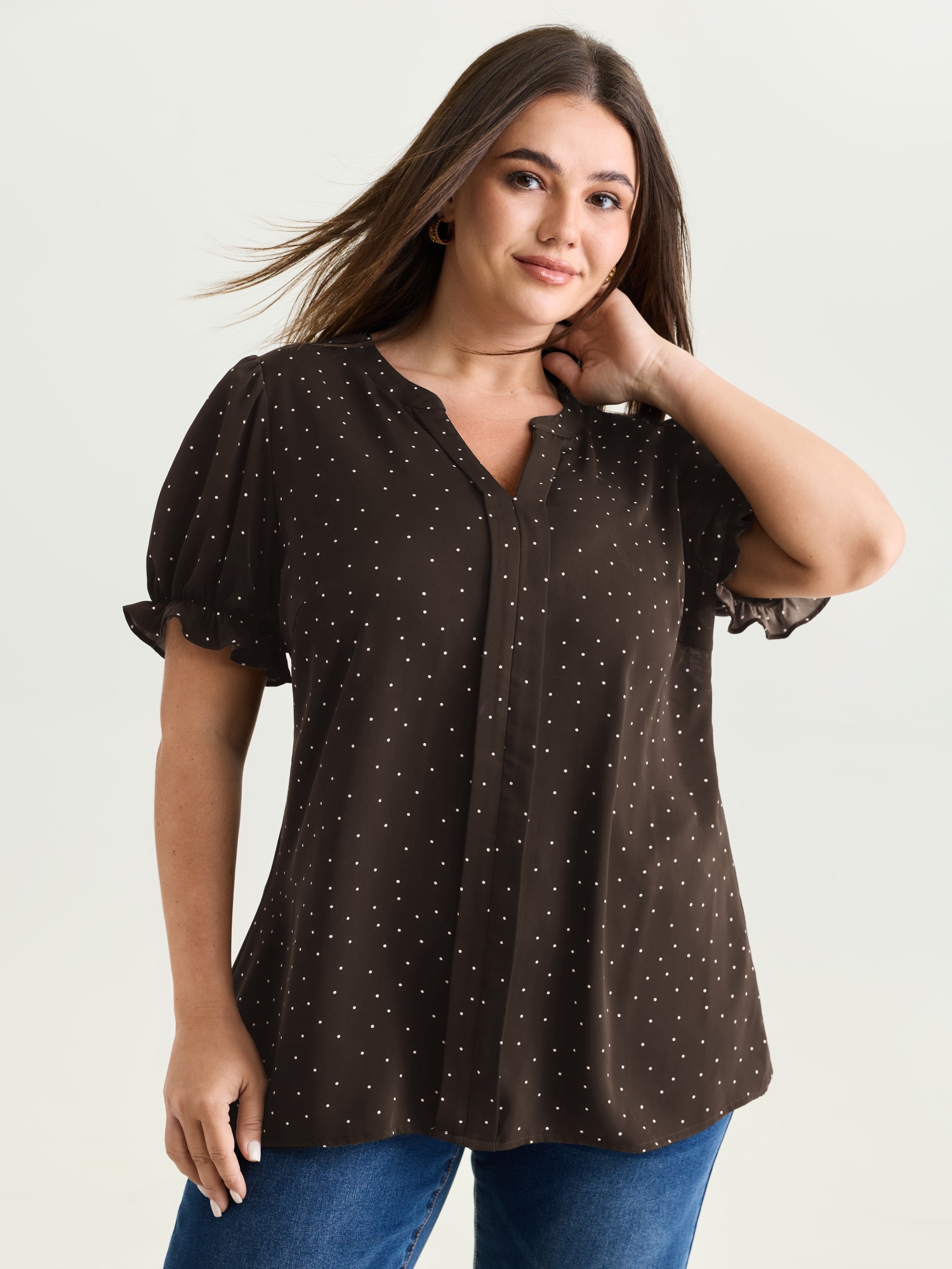 BloomChic Women's Plus Size Micro Dots Charm Pleated Blouse Madder Brown Polka dots Office Short sleeve V-Notch Neck 10/M