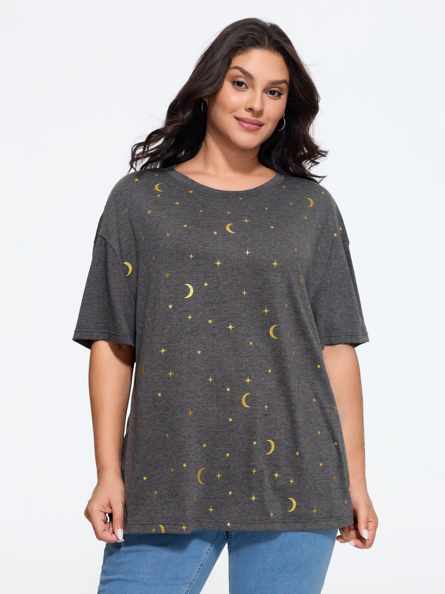Bloomchic Supersoft Moon & Star Print Crew Neck T‑shirt In Dark Core