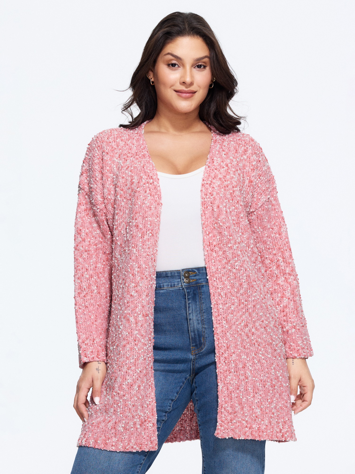 BloomChic Women's Plus Size Color Textured Open Front Cardigan Strawberry Ice Long Sleeve V-Neck 10/M