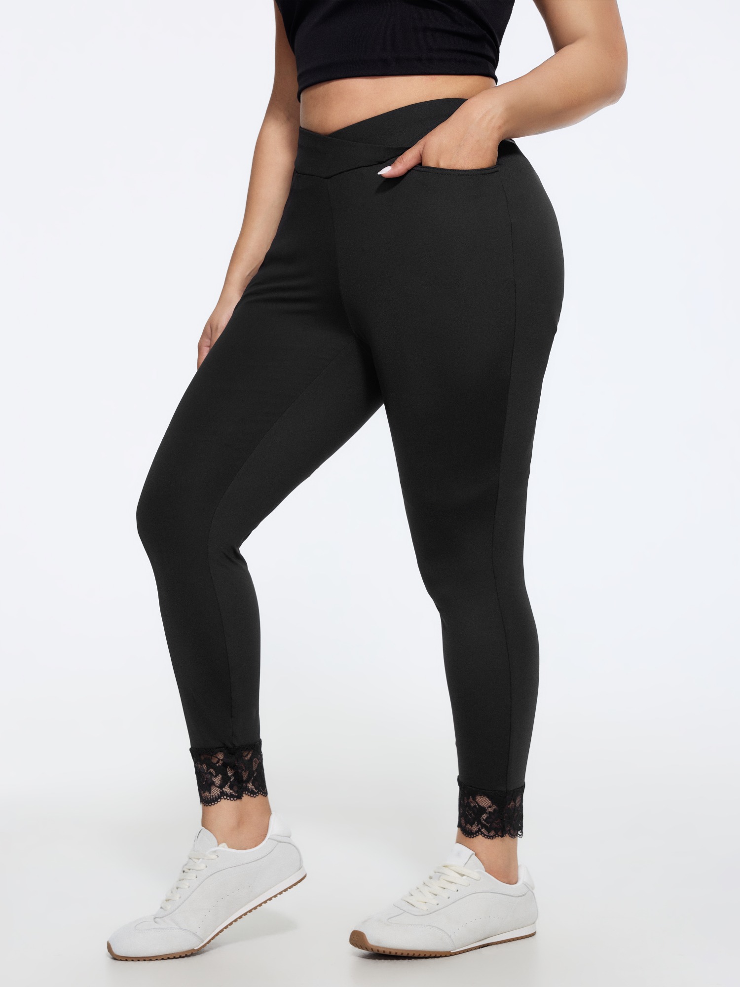 BloomChic Women's Plus Size Stretch Crossover Waist Lace Trim Pocket Leggings Black High stretch Skinny fit Mid Rise Everyday-Casual 12/L