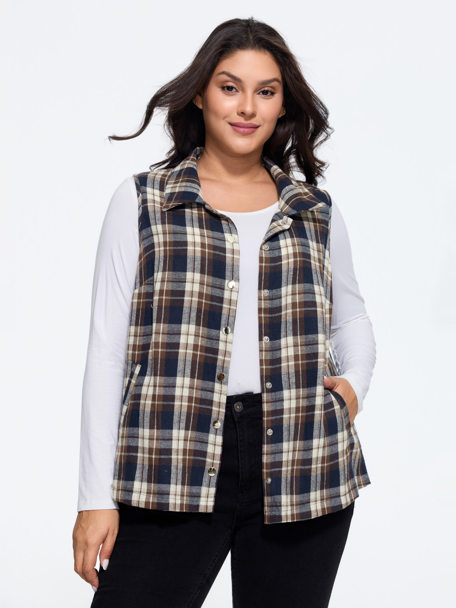 BloomChic Women's Plus Size Plaid Lapel Collar Snap Front Layering Vest Multicolor Button Front 30/6X