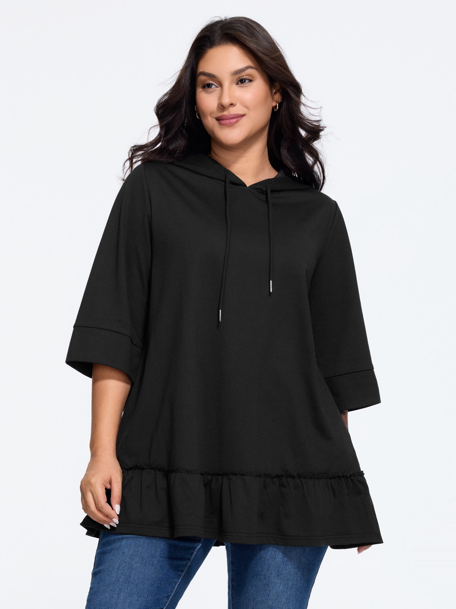BloomChic Women's Plus Size Solid 3/4 Roll‑Up Sleeve Hooded Sweatshirt Black Everyday-Casual Hooded Neck 10/M
