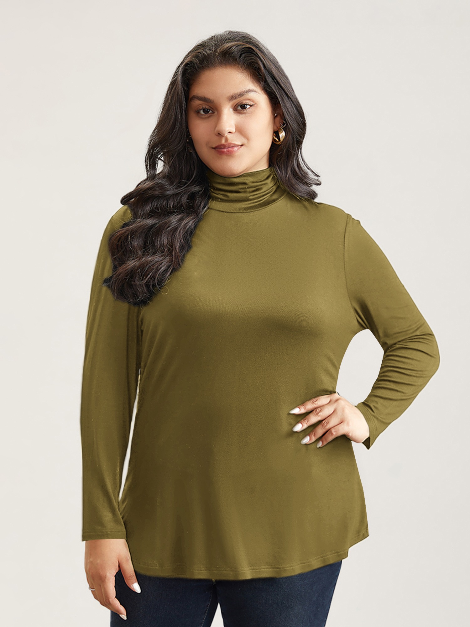 BloomChic Women's Plus Size Supersoft Essentials Solid Funnel Neck Knit T-Shirt Quiet Green Solid Everyday-Casual Long Sleeve Turtleneck 10/M