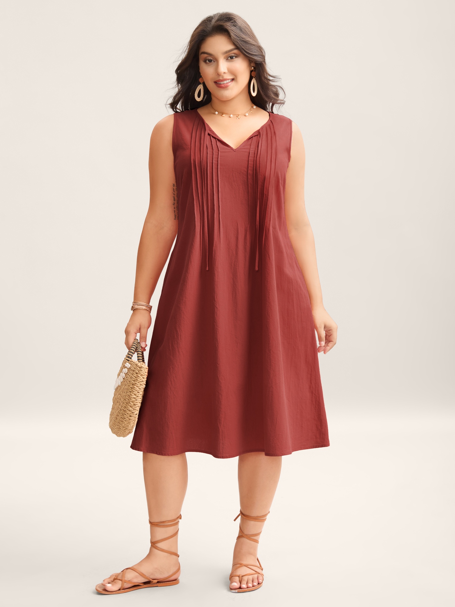 BloomChic Plus Size Cotton Toothpick Pleat Plain Midi Dress - Curve Ladies Cinnabar Resort Sleeveless Solid Hidden Pocket Daily Dresses 14/M