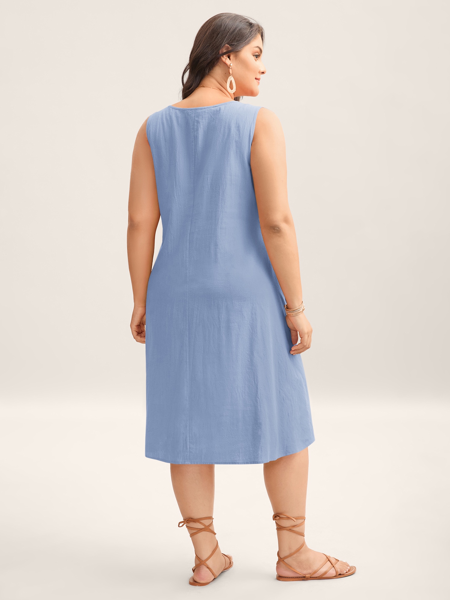 BloomChic Plus Size Cotton Toothpick Pleat Plain Midi Dress - Curve Ladies LightBlue Resort Sleeveless Solid Hidden Pocket Daily Dresses 14/M