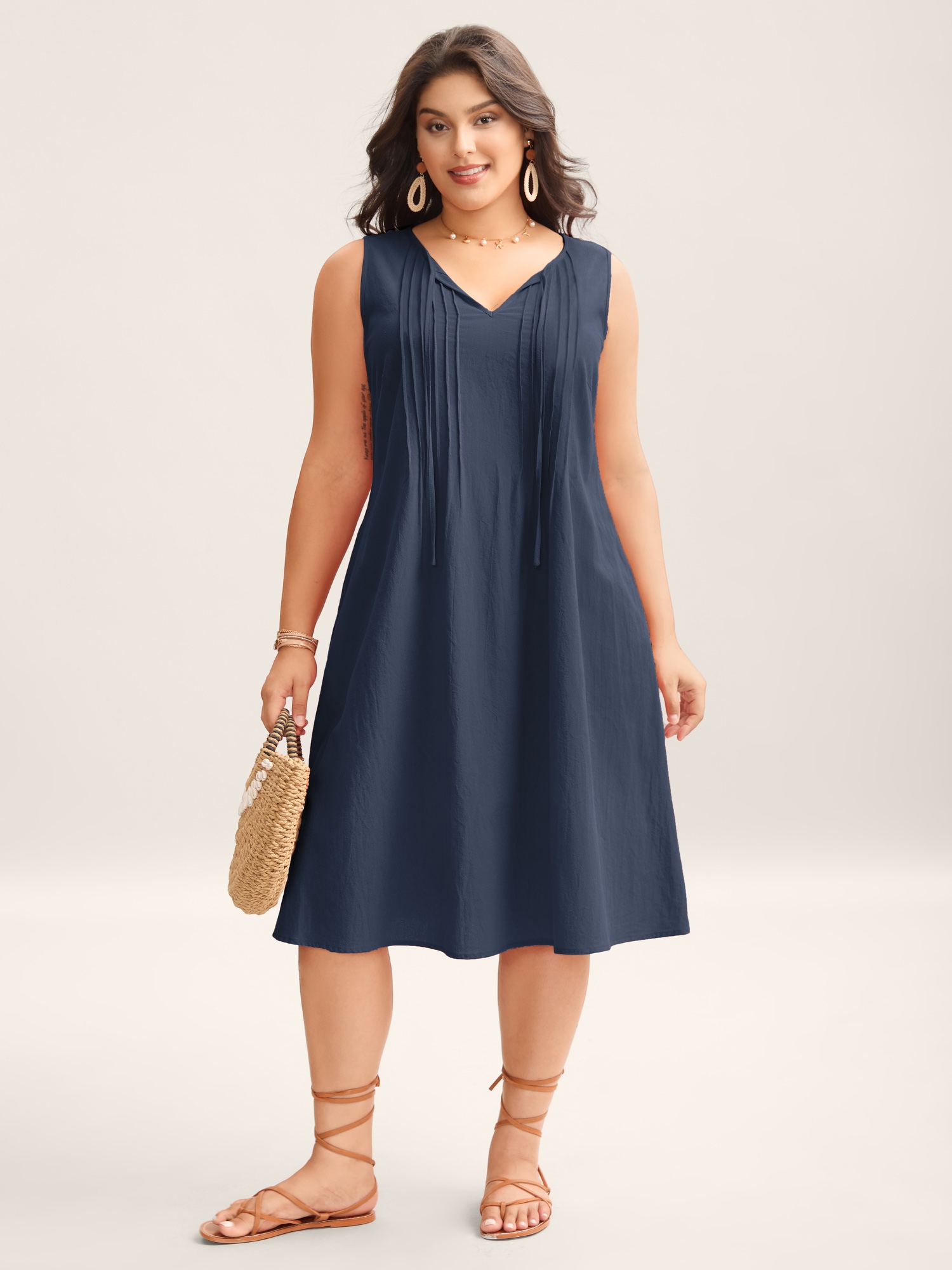 BloomChic Plus Size Cotton Toothpick Pleat Plain Midi Dress - Curve Ladies Ocean Cavern Resort Sleeveless Solid Hidden Pocket Daily Dresses 32/5X