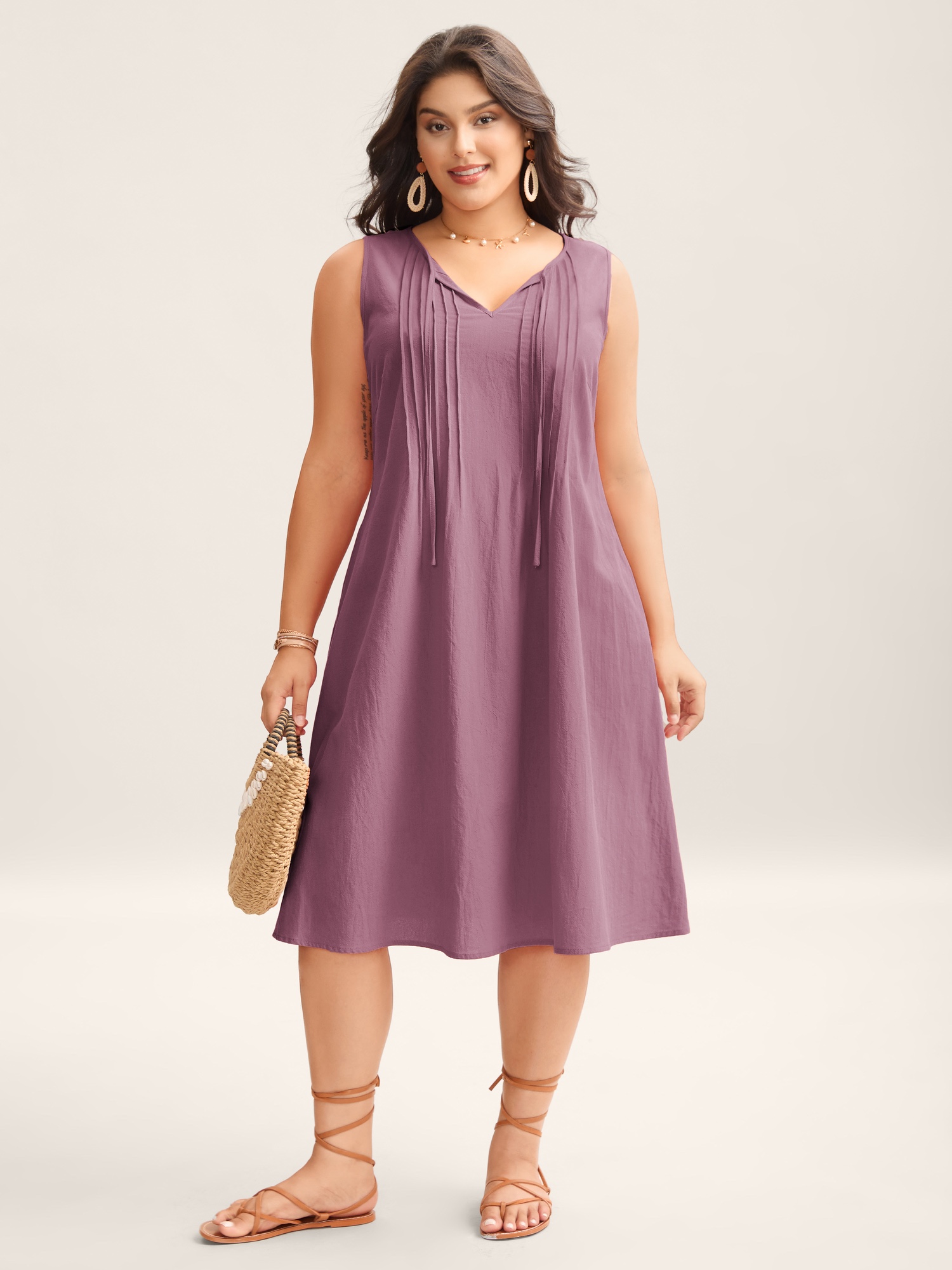 BloomChic Plus Size Cotton Toothpick Pleat Plain Midi Dress - Curve Ladies Dawn Pink Resort Sleeveless Solid Hidden Pocket Daily Dresses 14/M