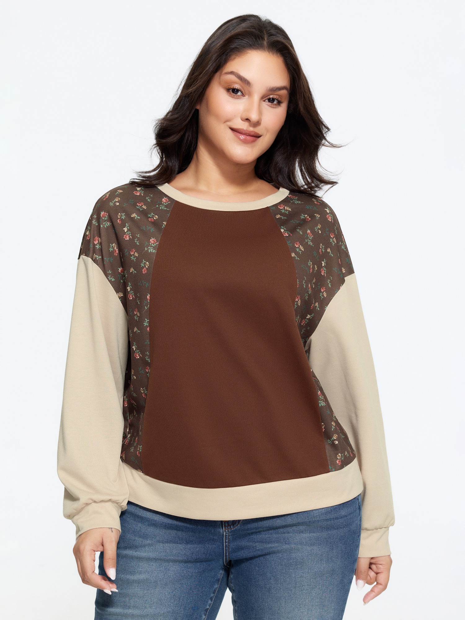 BloomChic Women's Plus Size Vintage Ditsy Floral Patchwork Raglan Sleeve Loose Sweatshirt Rust Everyday-Casual Round Neck 10/M