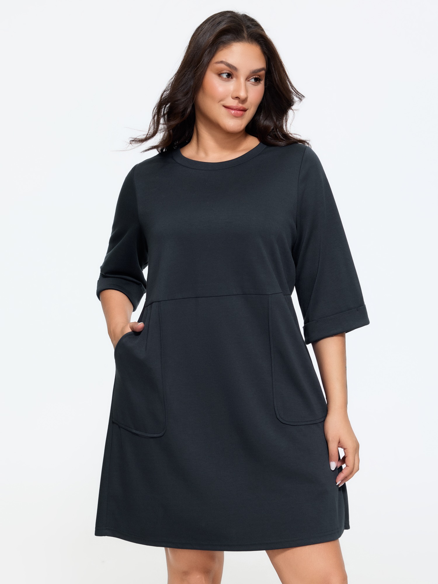 BloomChic Women's Plus Size Supersoft Round Neck 3/4 Sleeve Midi Dress Midnight Solid Mini Everyday-Casual 10/M