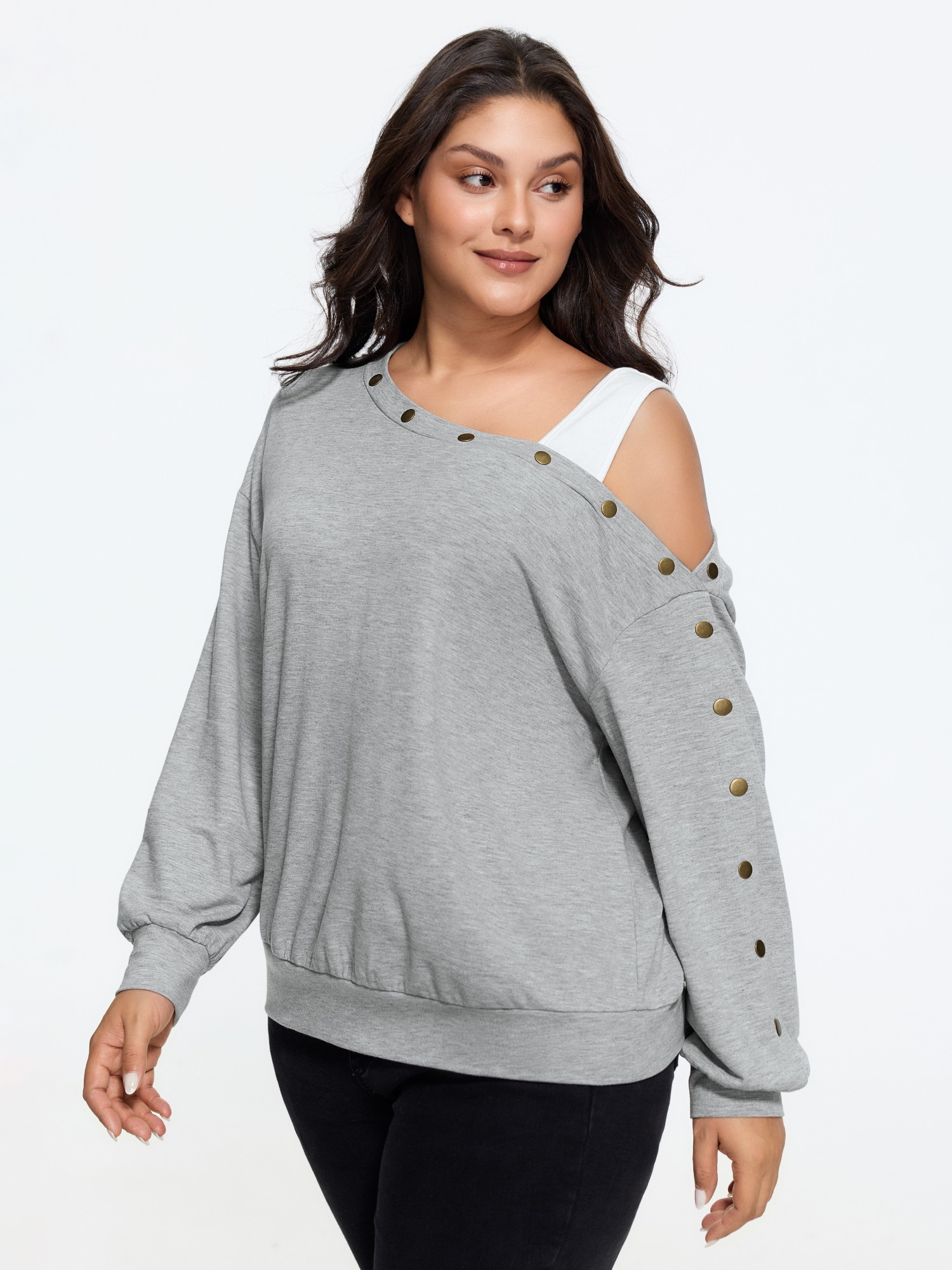 BloomChic Women's Plus Size Cotton One‑Shoulder Metal Rivet Decor Sweatshirt LightGray Everyday-Casual Asymmetrical Neckline 26/4X