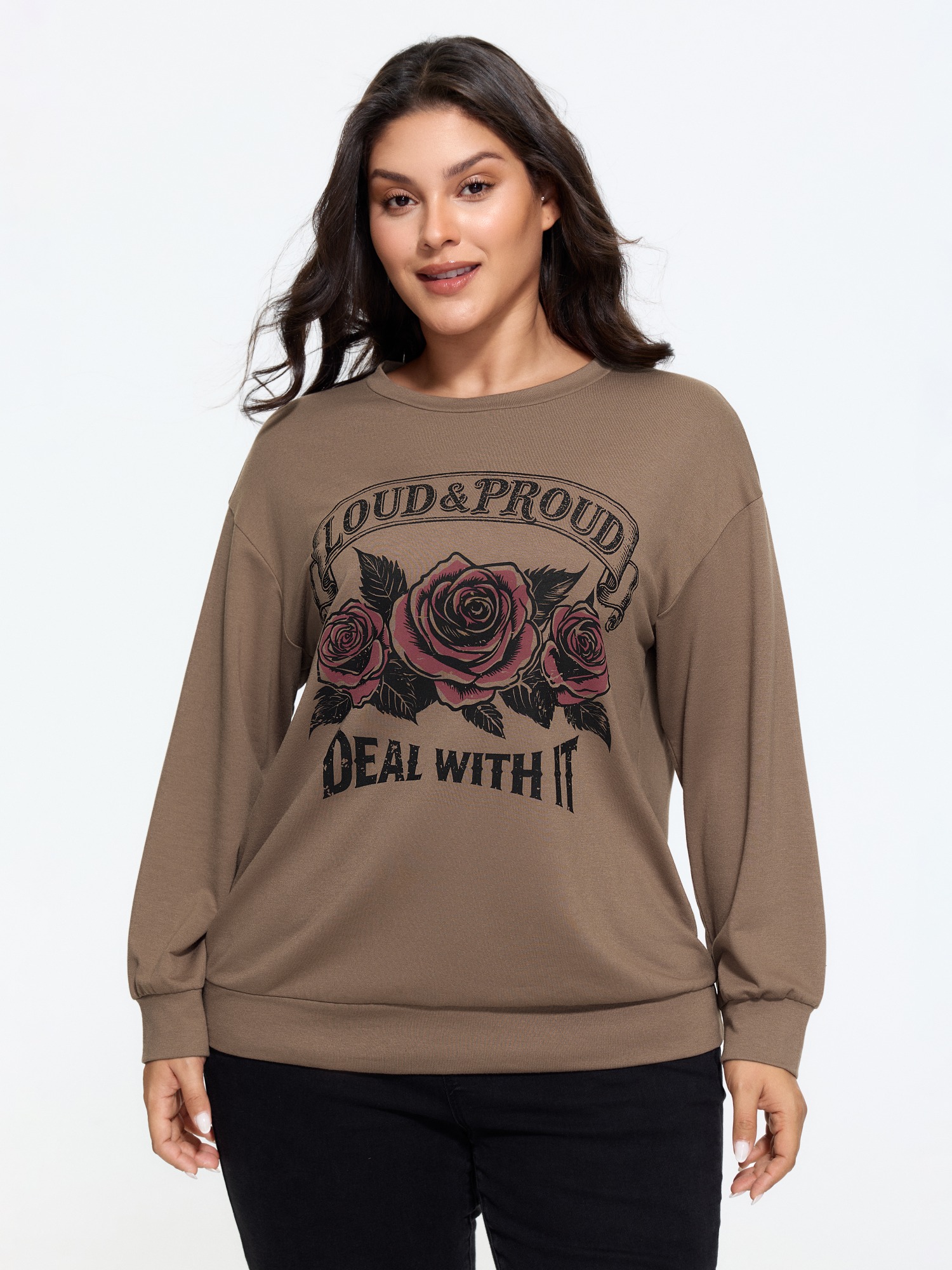 BloomChic Women's Plus Size Stretch Retro Rose Print Loose Sweatshirt Tan Floral Everyday-Casual Round Neck 10/M