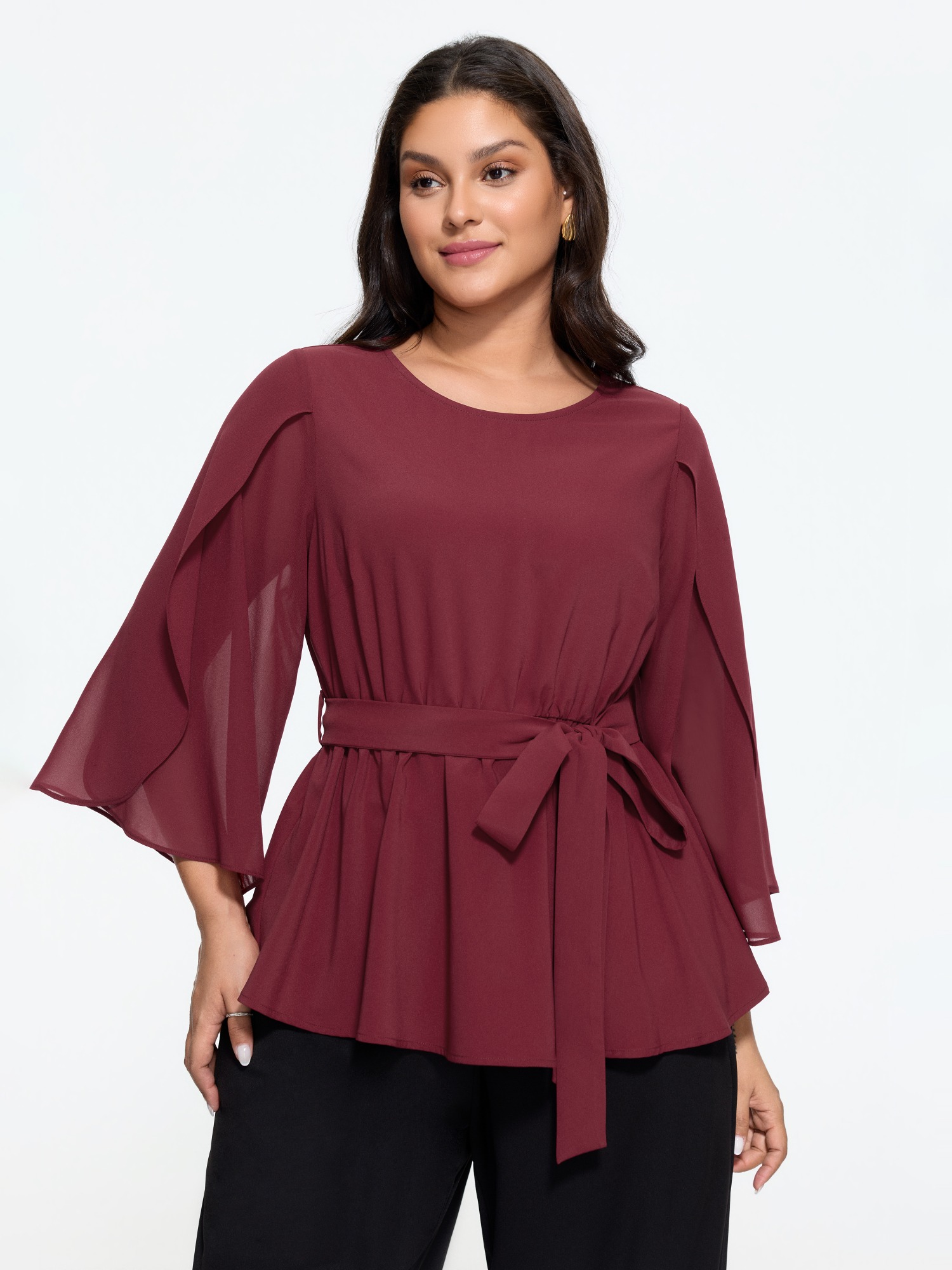 BloomChic Women's Plus Size Round Neck Petal Sleeve Bow Tie Flowy Blouse Scarlet Solid Everyday-Elegant 3/4 Sleeve Round Neck 18-20/2X