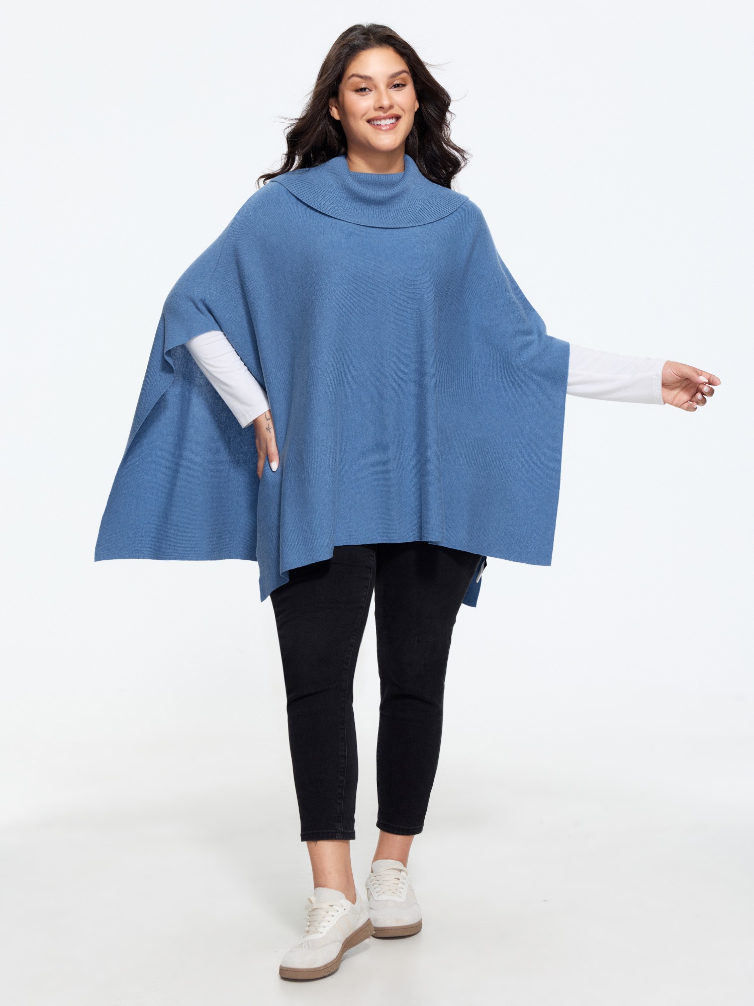 BloomChic Women's Plus Size Wool Blend Cowl Collar Asymmetric Hem Poncho Pullover Mediumblue Long Sleeve Funnel Neck 10/M
