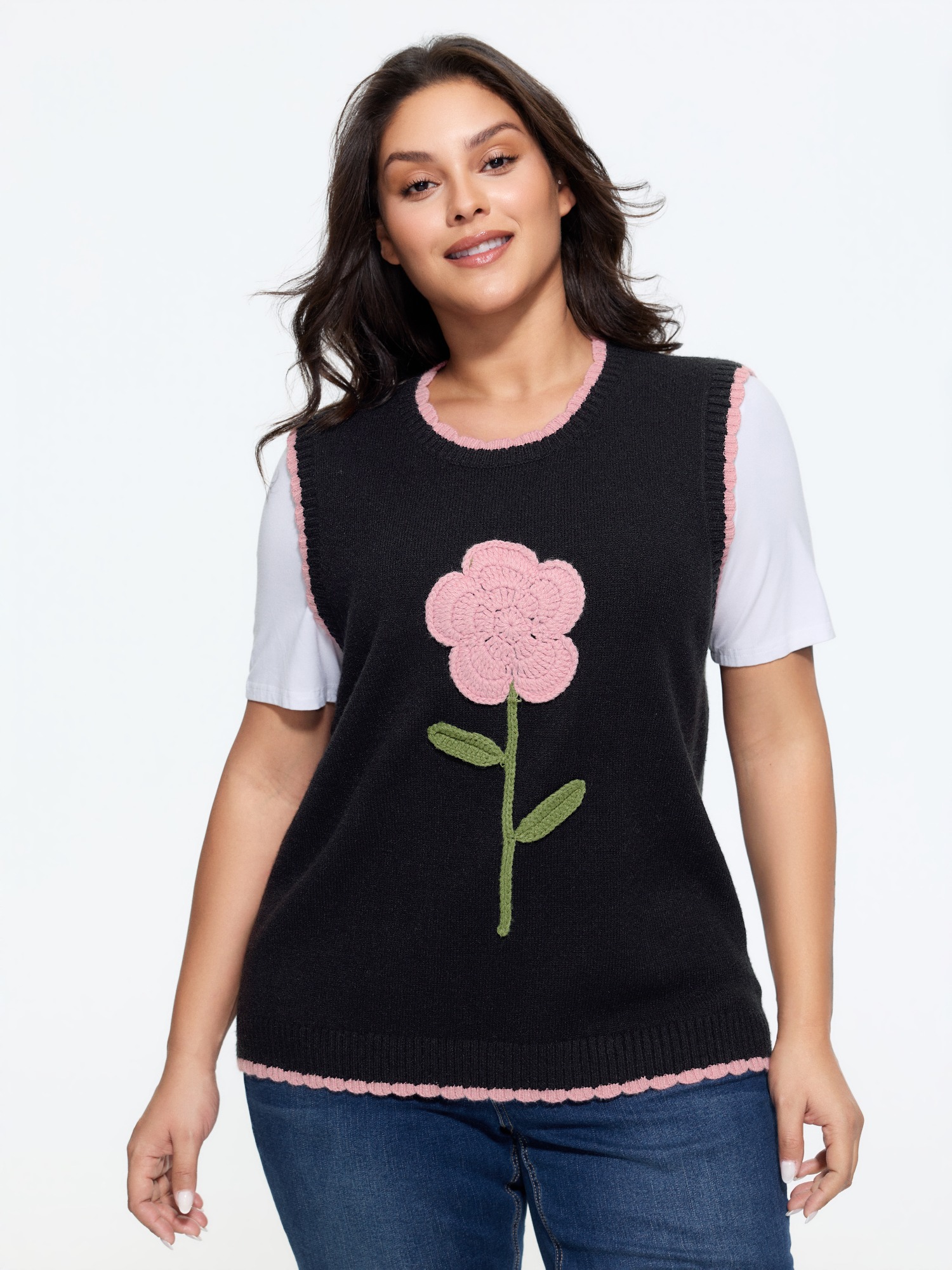 BloomChic Supersoft Textured Crochet Floral Applique Sweater Vest Women's Plus Size Women Black Floral Round Neck 10/M