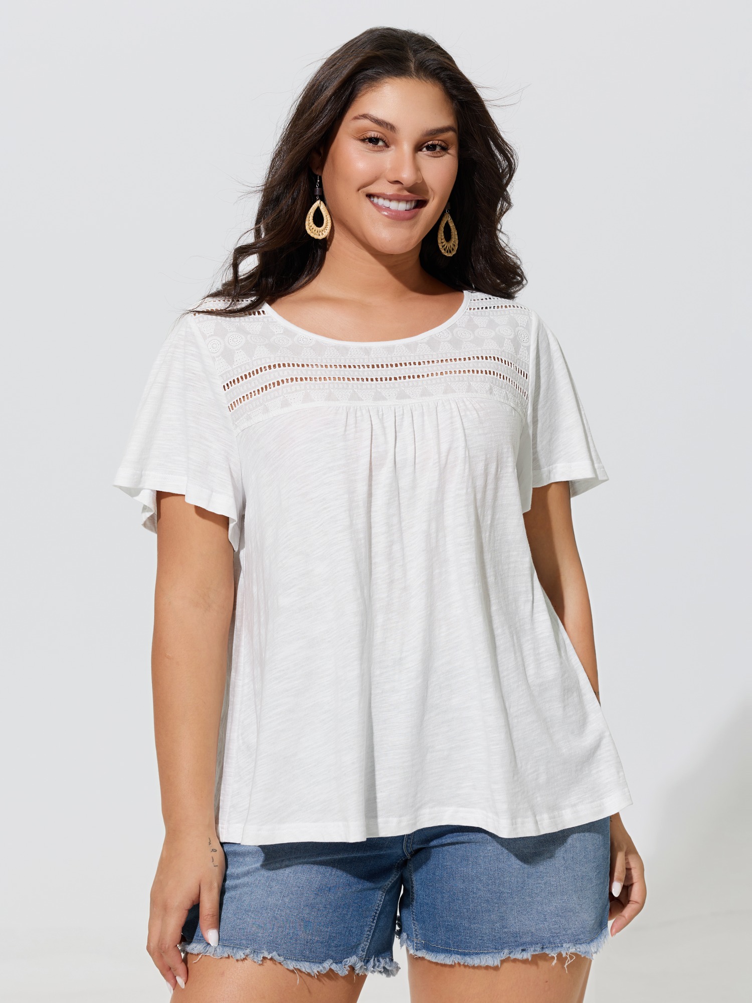 Bloomchic Cotton Round Neck Eyelet Lace Top In Originalwhite