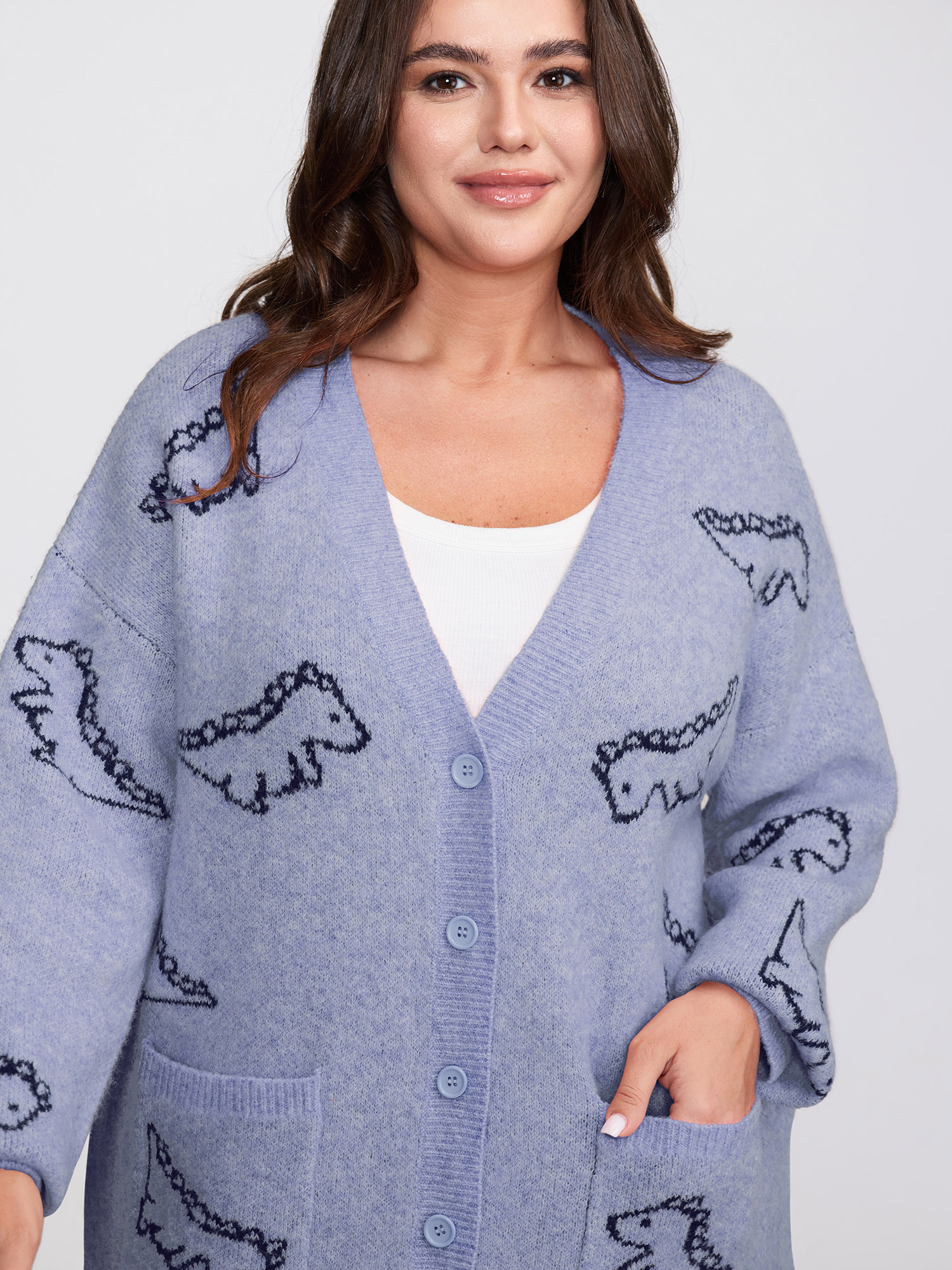 BloomChic Women's Plus Size Jacquard Dinosaur Print Knit Cardigan LightBlue Long Sleeve V-Neck 10/M