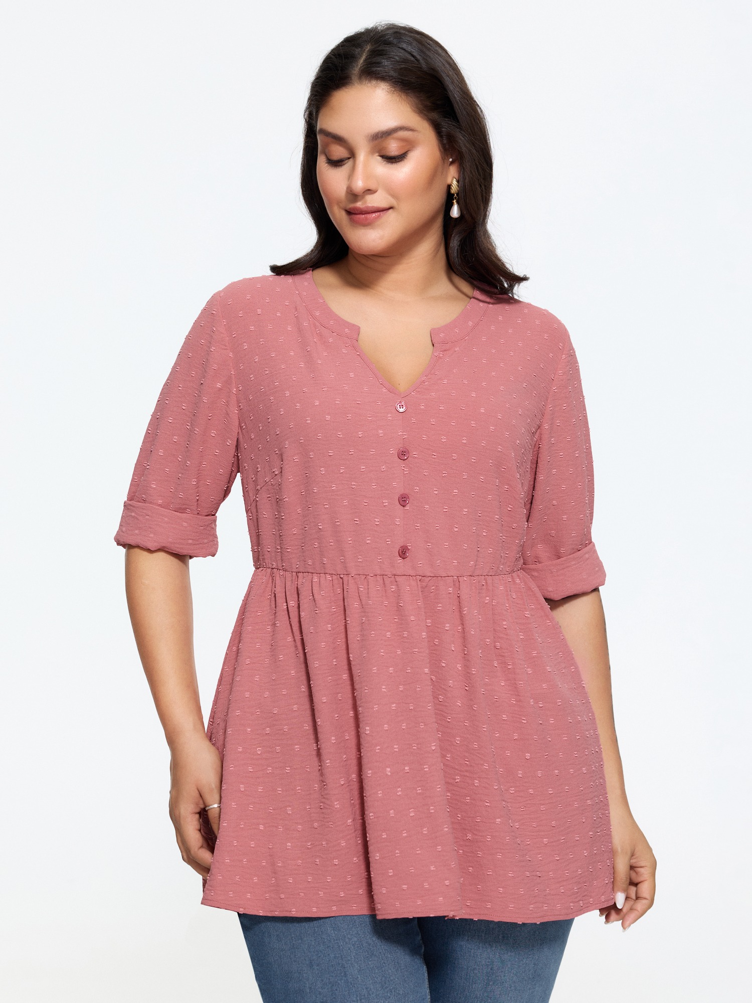 BloomChic Women's Plus Size Textured Notch V‑Neck Peplum Tunic Blouse Strawberry Ice Solid Everyday-Elegant Long Sleeve V-Notch Neck 10/M