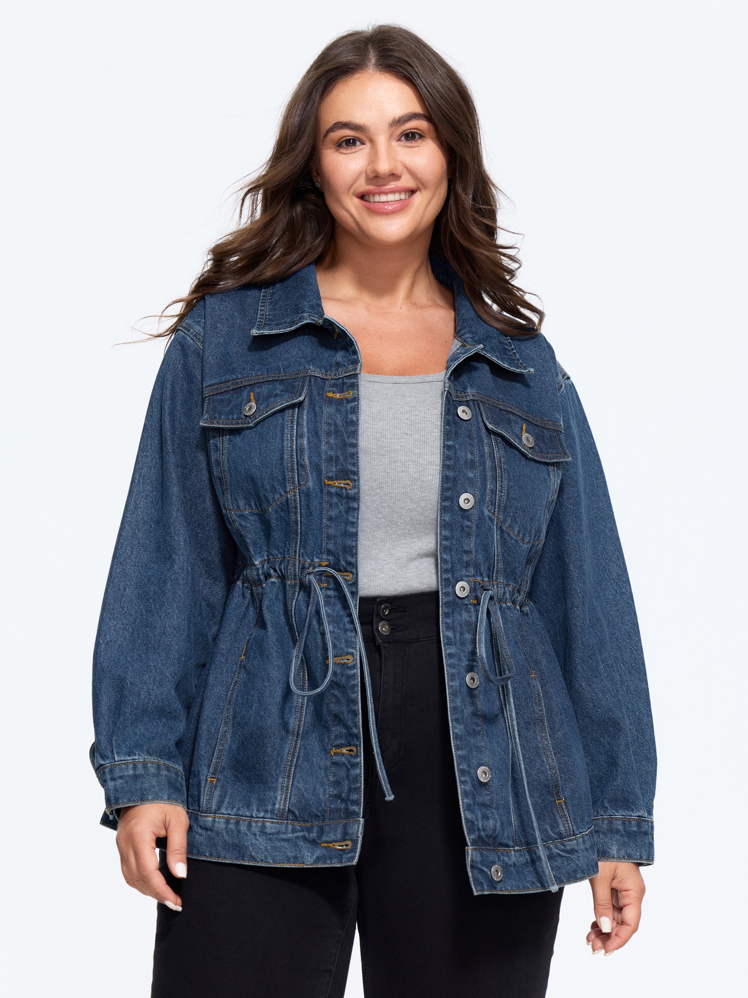 BloomChic Women's Plus Size Lapel Collar Adjustable Waist‑Tie Denim Jacket Midblue Everyday-Casual 10/M