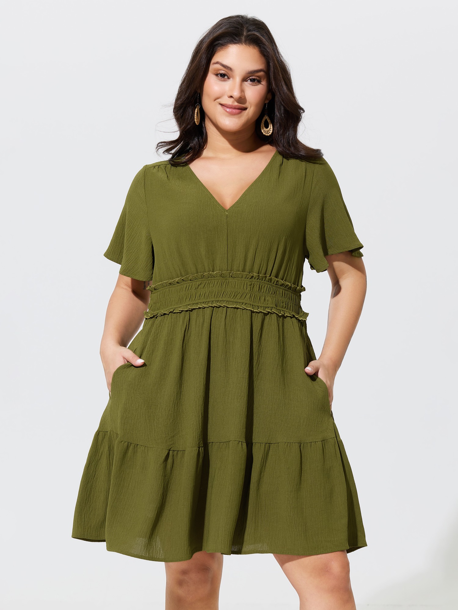 Bloomchic V‑neck Shirred Waist Ruffle Tiered Mini Dress In Olive